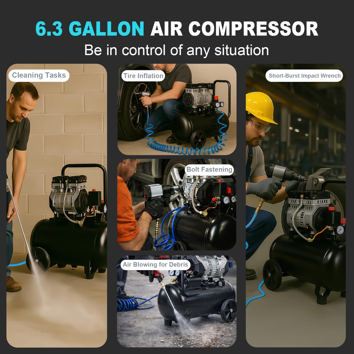 AAIN 6.3 Gallon Air Compressor | 1.5 HP 5.5-6 CFM Displacement Oil-Free Electric Compressor Tank with Max. 116PSI Pressure | 70dB Ultra Quiet for Tire Inflation, Air Blowing, Woodwork Nailing