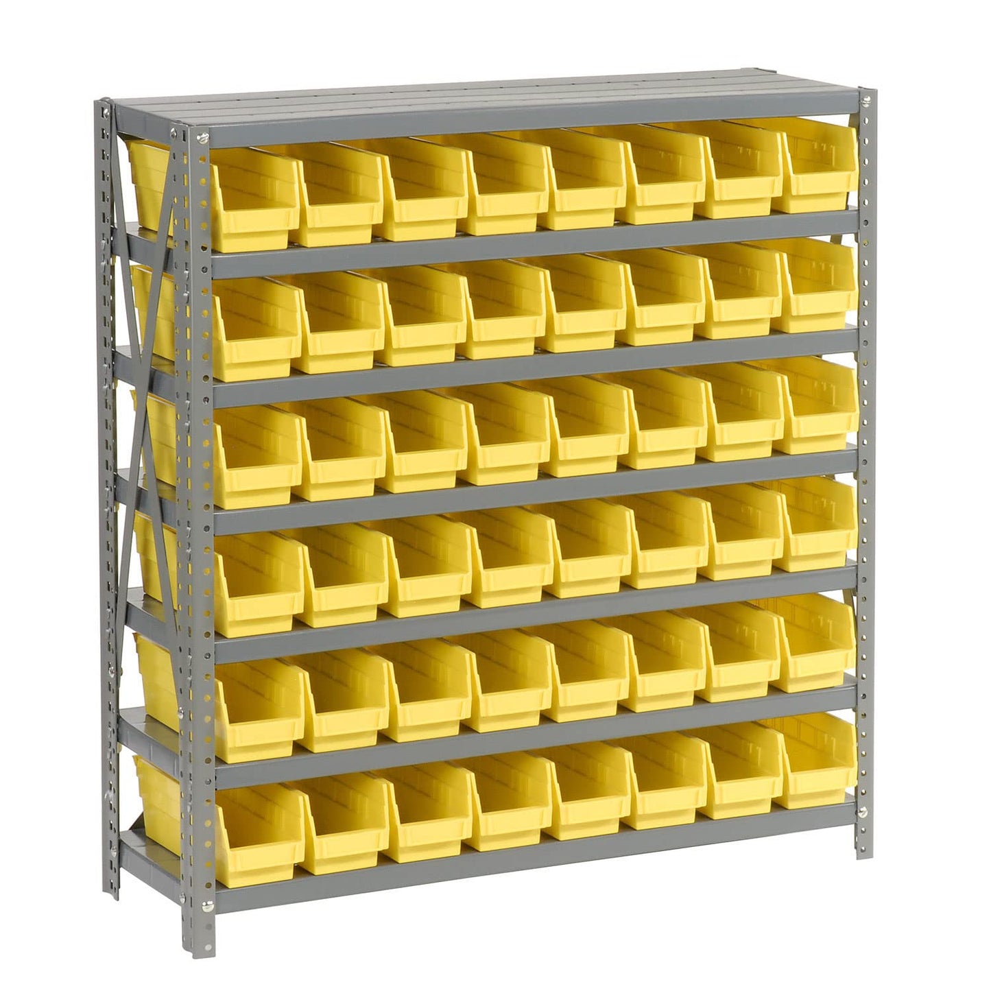 Global Industrial 7 Shelf Steel Shelving with (48) 4" H Plastic Shelf Bins, Yellow, 36" W x 12" D x 39" H, Single-Sided Open Shelving with 48 Plastic Shelf Bins