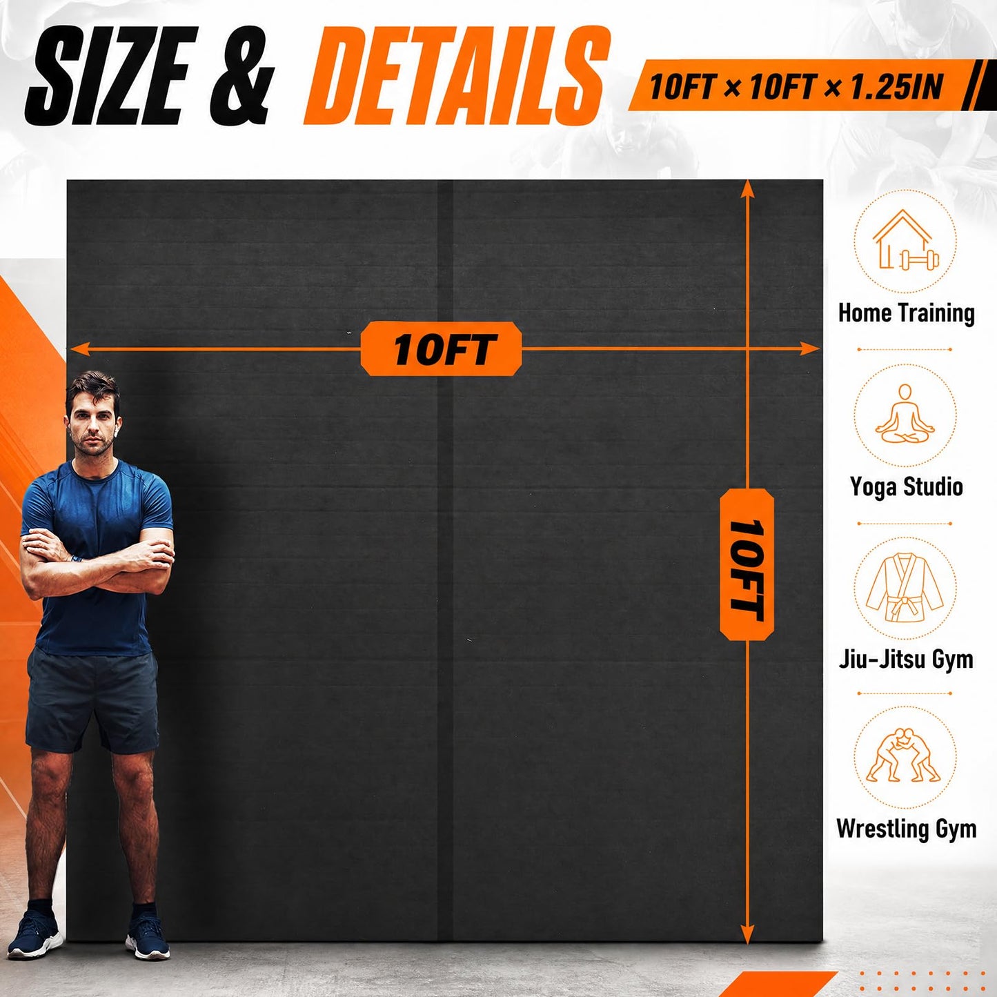 BreezeHug 10'x10'x1.25''/ 10'x5'x1.25'' Jiu Jitsu & Wrestling Mat, Extra Thick Tpe Martial Arts Training Mat, Non-slip Tatami Surface, Quick Roll-out Design for Bjj Wrestling Judo Home Workouts(Large)