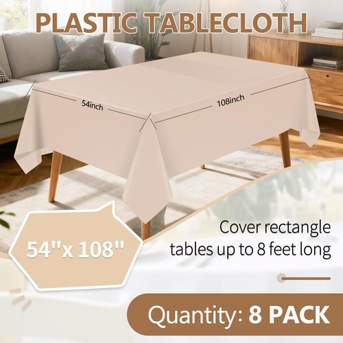 Beige 8-Pack Plastic Tablecloths - Rectangle 54"x108" Disposable Covers for Parties & Events
