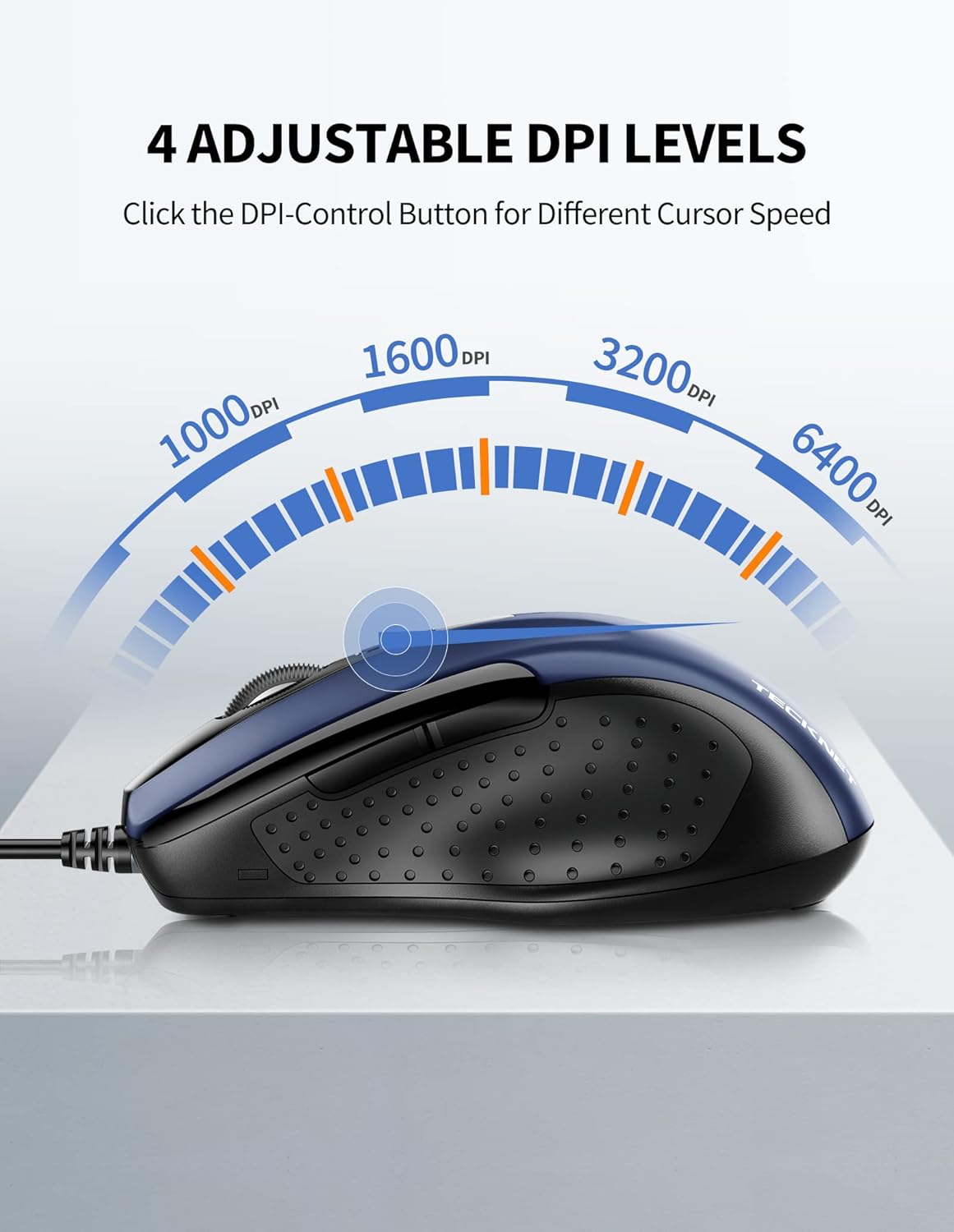 TECKNET 6-Button 4 5FT USB Wired Mouse, Corded Computer Mouse with Adjustable DPI, Optical Computer Mice with Ergonomic
