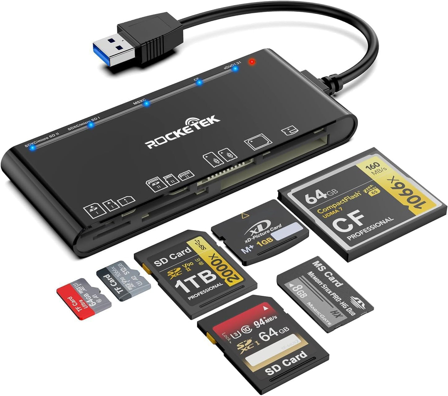 Rocketek 3.0, 7-in-1 xD-Picture Card Reader USB Multi-Card Reader for xD/CF/MS/SD/TF, Memory Card Reader/Adapter