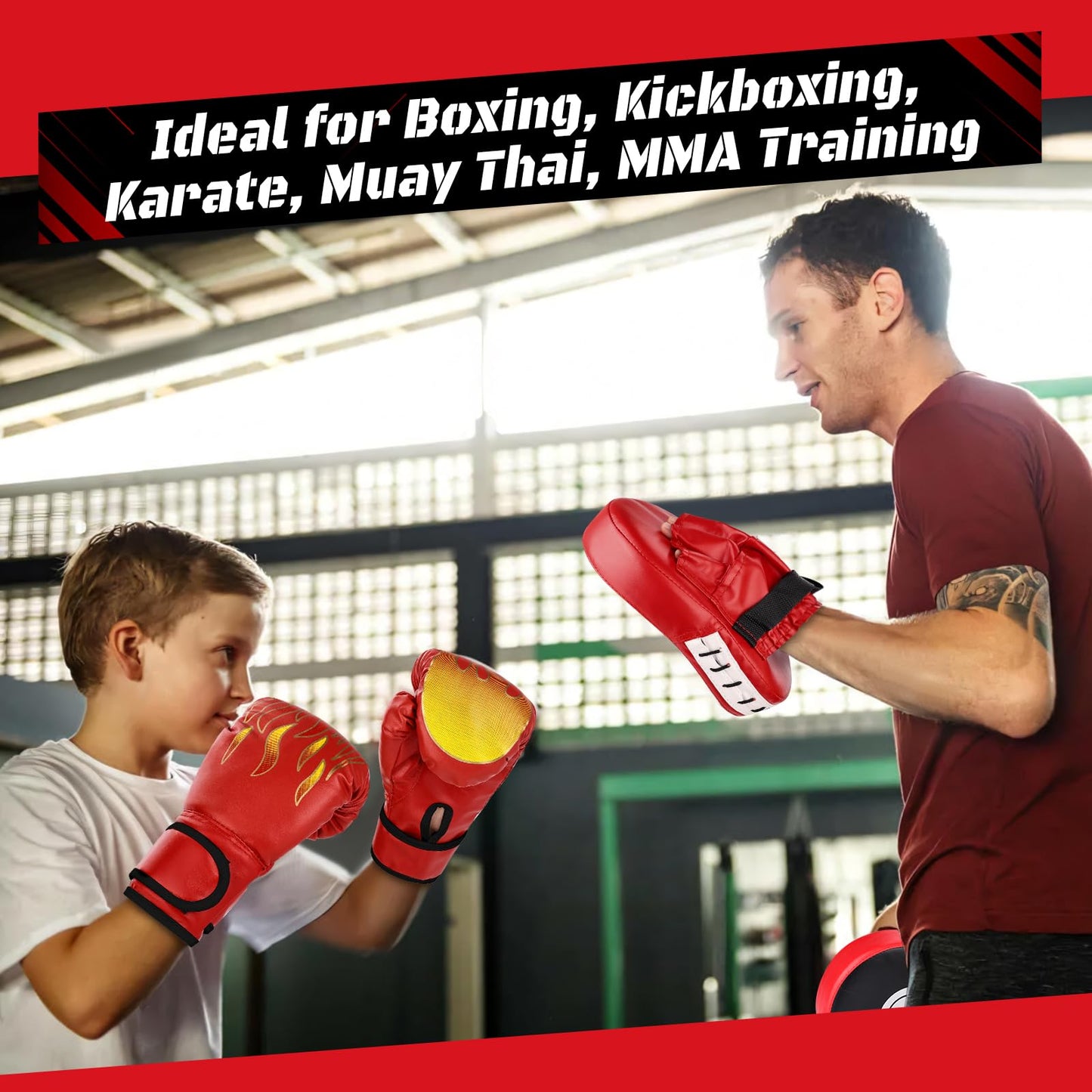 4-in-1 Boxing Gloves and Punching Mitts Set for Boys & Girls, Kids Boxing Gloves Focus Pads with Hand Wraps, Boxing Reflex Ball, Boxing Equipment Set for MMA Karate Muay Thai Taekwondo