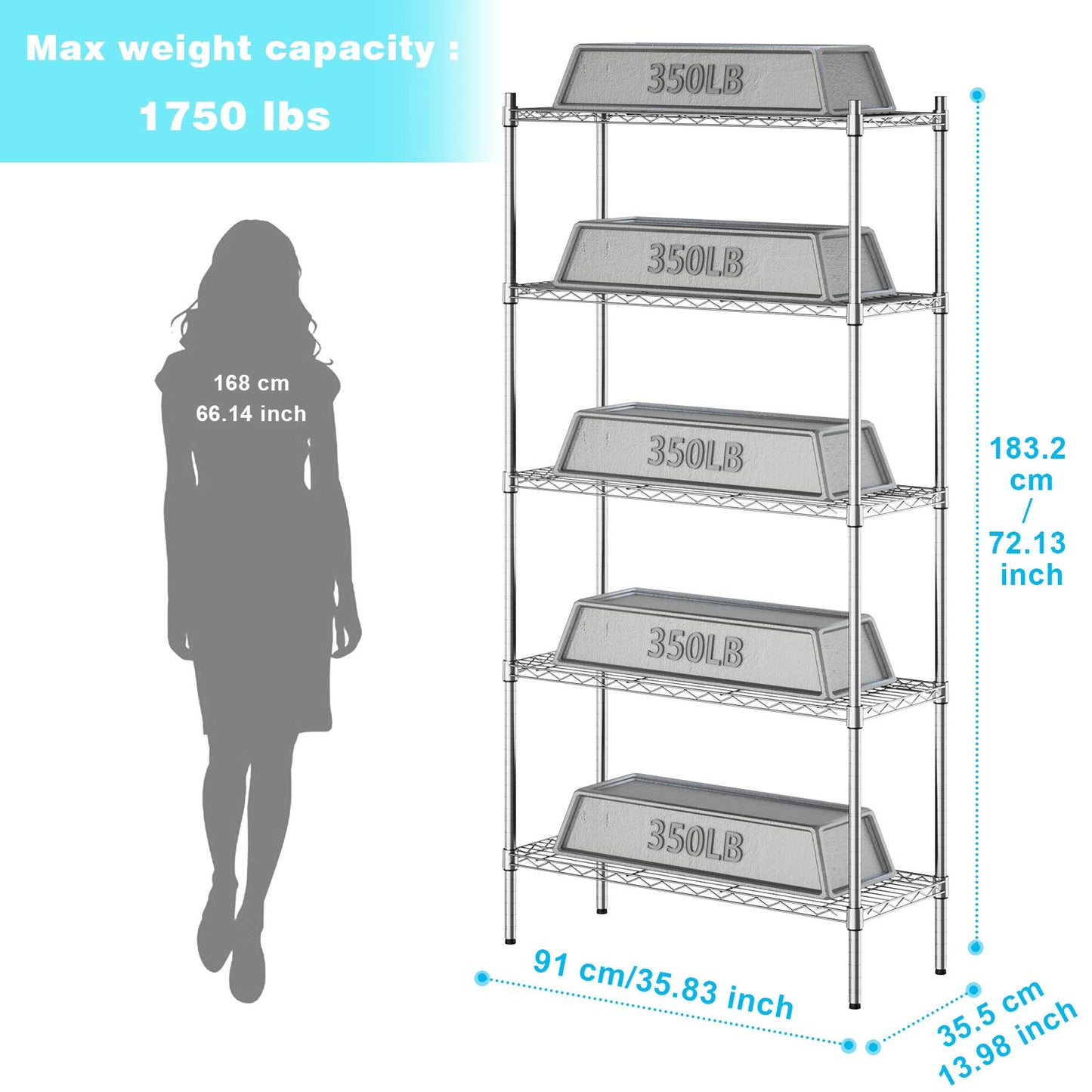 Auslar 5-Shelf Storage Shelves Heavy Duty 5 Tiers Standing Large Shelving Units Adjustable Metal Organizer Wire Rack, 14" x 36" x 72", Chrome