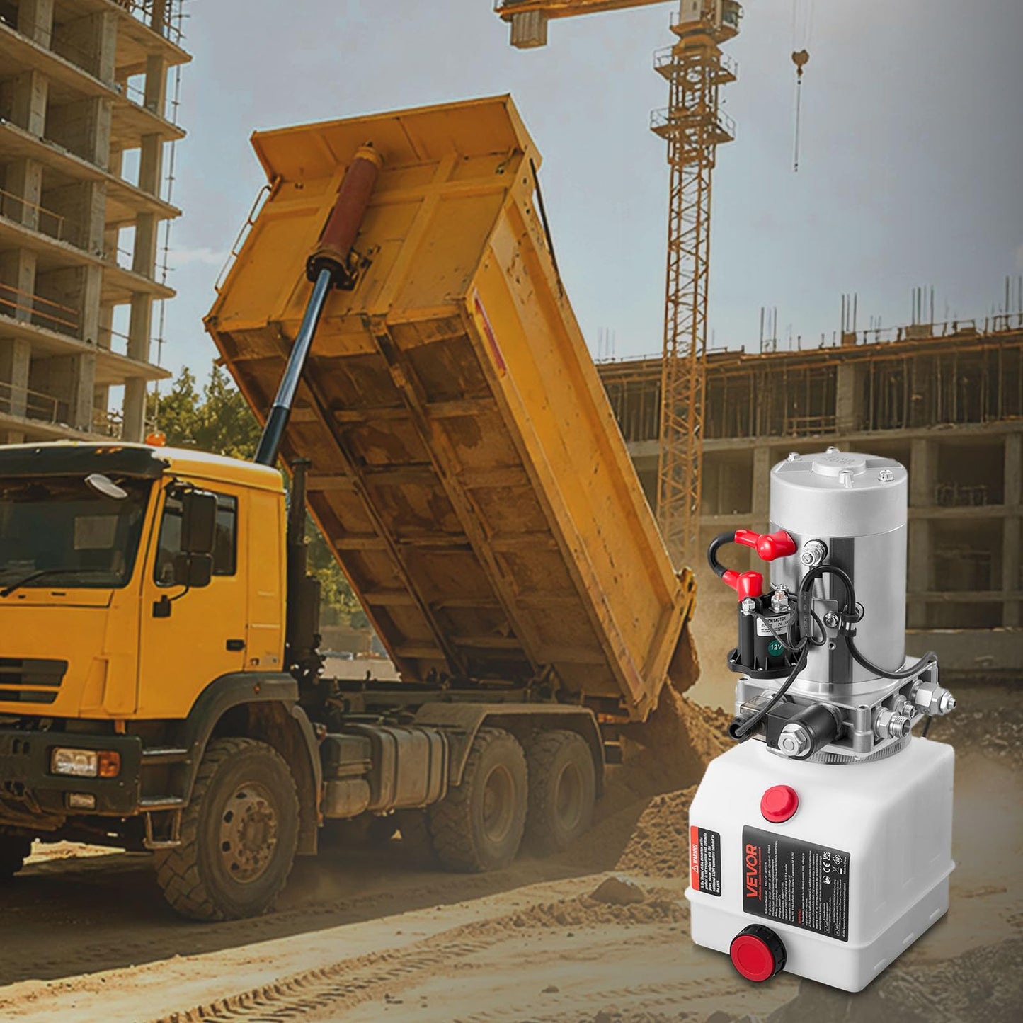 VEVOR 4 Quart Hydraulic Power Unit, Single Acting Dump Trailer Pump, 3200 PSI Max Relief Pressure & 0.91 GPM Flow Rate, DC 12V Hydraulic Pump with Metal Reservoir for Dump Trailer Car Lifting