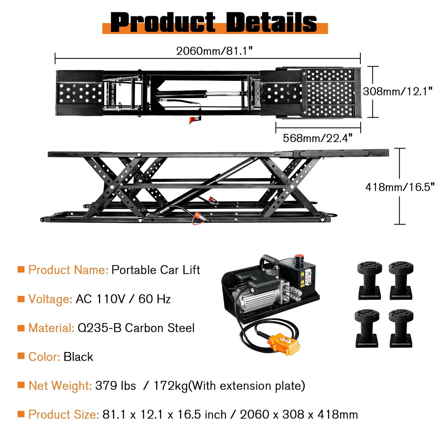 Albott 5000 LBS Portable Car Lift, Adjustable Quick Jack with 26" Max Height, Locking Levers, 25–30s Fast Cycle, Scissor Lift for Sedans in Garage or Shop, Foldable Design & Wheels, Black