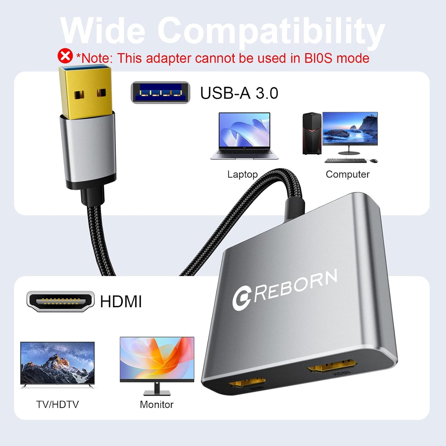 Reborn 1080P@60Hz 3.0 7/8/10/11 USB to HDMI Adapter, USB Male to Dual HDMI Female Multi-Display Cable Converter