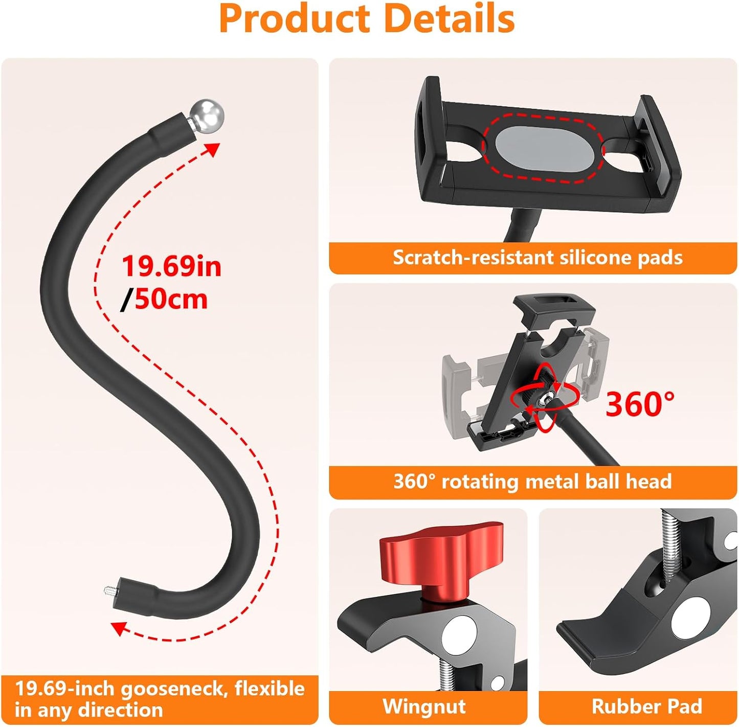 LRDXY 19.69in 4-13" Gooseneck Tablet Holder, Metal Crab Clamp iPad Mount for Stroller/Treadmill/Golf Cart/Boat/Mic