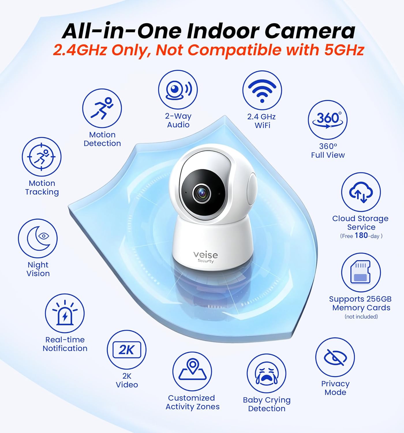 Veise 2K 360 2-Way 2.4GHz Indoor Camera for Home Security, Wireless WiFi Pet & Baby Monitor with Phone App, AI Motion