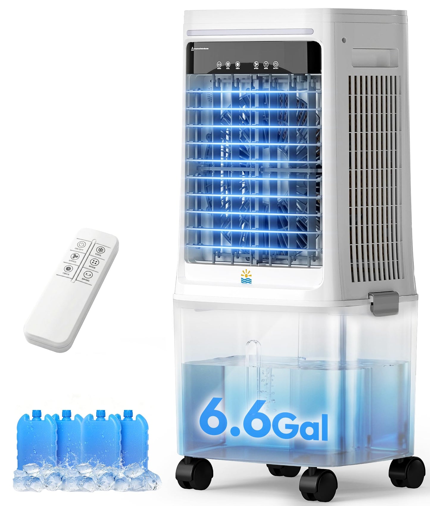 EXNOS 3-in-1 Portable Evaporative Air Cooler - 2000 CFM Swamp Cooler with 6.6-Gal Dual Tank & 4 Ice Packs, Remote Control, 12H Timer, Oscillating Cooling Fan That Blows Cold Air for Large Room, Office
