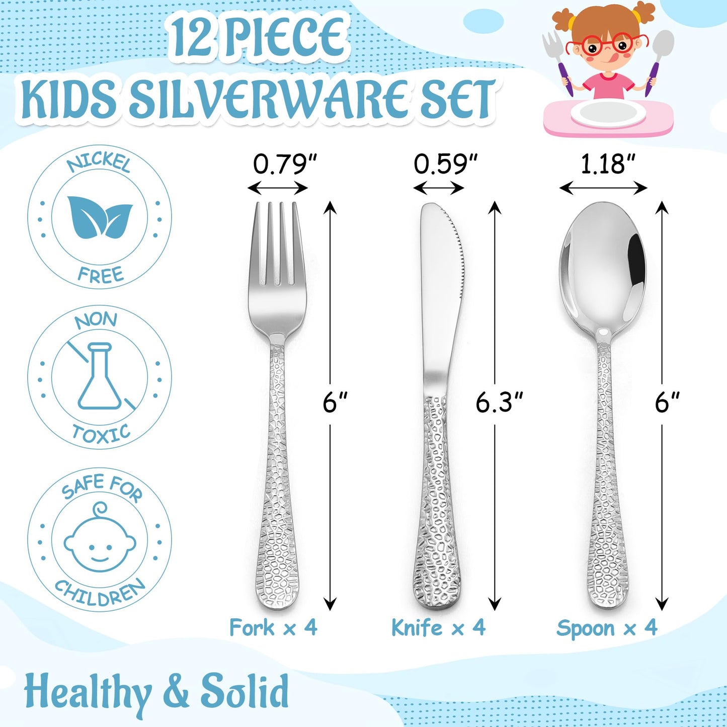 E-far 12-Piece Kids Silverware, Stainless Steel Toddler Preschooler Utensils with Adult Look, Hammered Flatware Includes 4 Forks 4 Spoons 4 Knives, Safe for Self Feeding, Non-Toxic & Dishwasher Safe