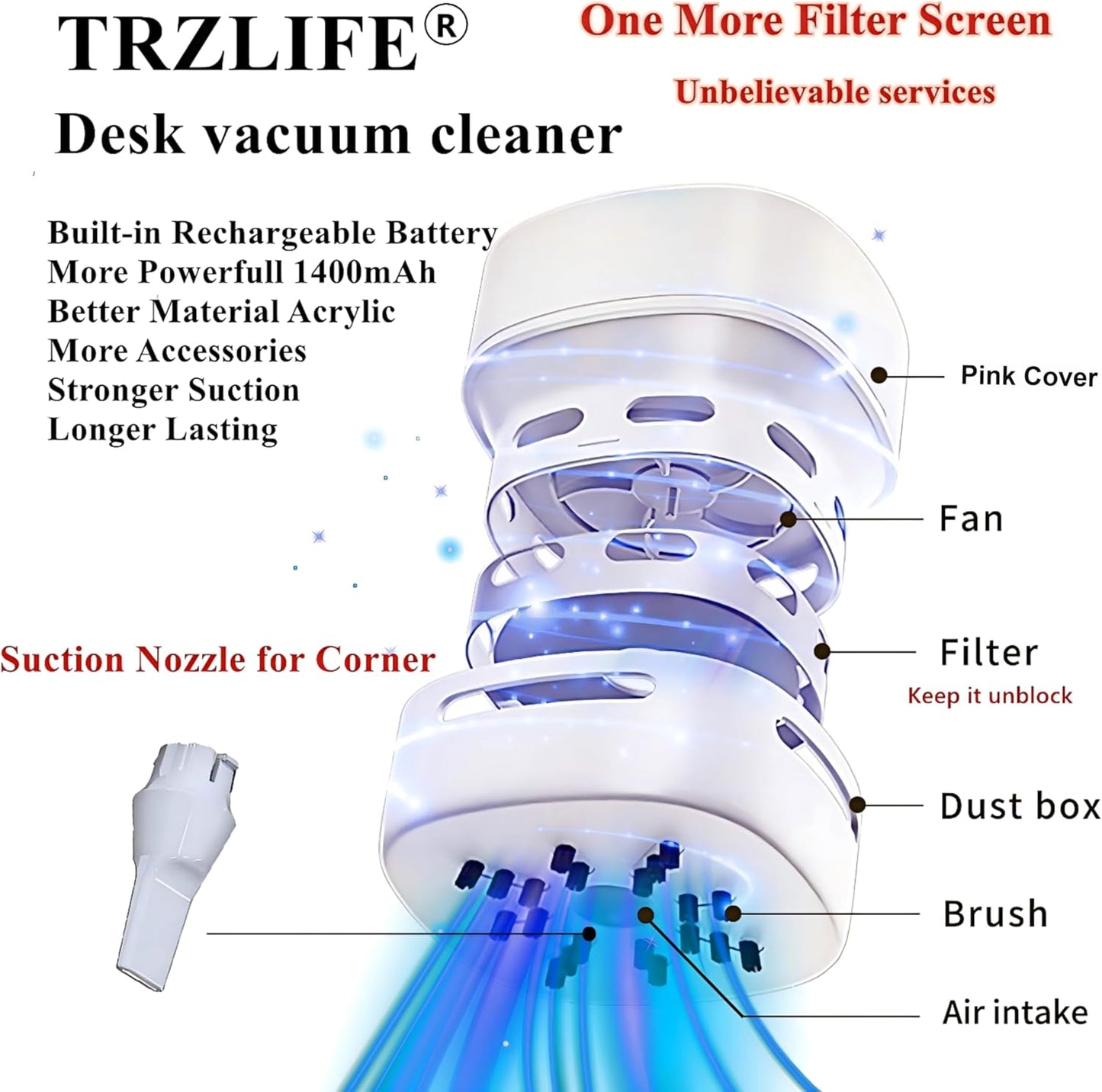 Countertop TRZLIFE USB Rechargeable Mini Desk Vacuum, Cordless Portable Keyboard Desktop Cleaner, Ideal Office