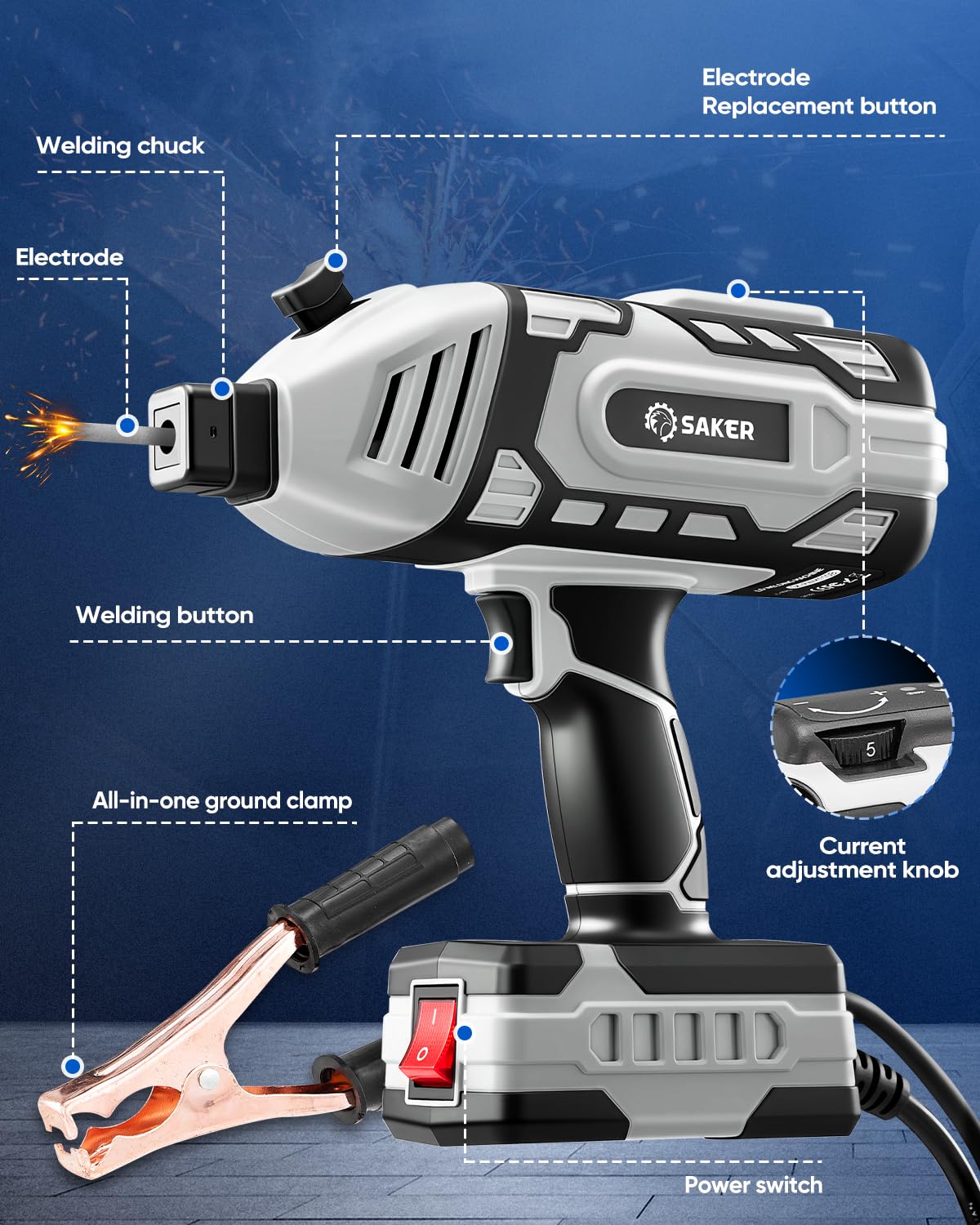 Saker Portable Electric Welding Machine,110V Portable Welder Handheld with IGBT Inverter 5 Variable Current Adjustment, ARC Welder Gun, Fits for 3/32" Wire Rods (Grey)