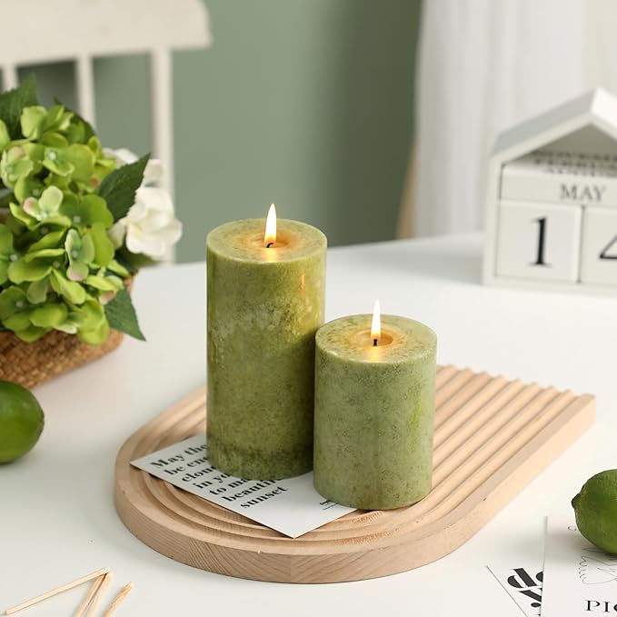 3x6 inch Green Pillar Candles Set of 3, Unscented Pillar Candle, Dripless and Smokeless Large Candles, Candle for Home Decor, Dinner Table,Weddings, Holidays