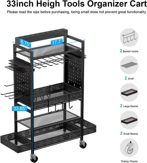 CCCEI Garage Power Tools Organizer Cart - Rolling Tool Storage with Charging Station | Black, Floor Standing