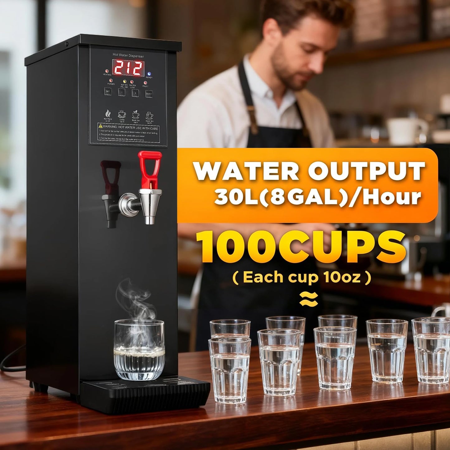 Commercial Hot Water Dispenser 30L/Hour Hot Water Boiler Countertop Auto-filling Water Hot Water Machine Step-heating 104-212°F Adjustable for Boba Tea Office Restaurant Hotel Black 1500W