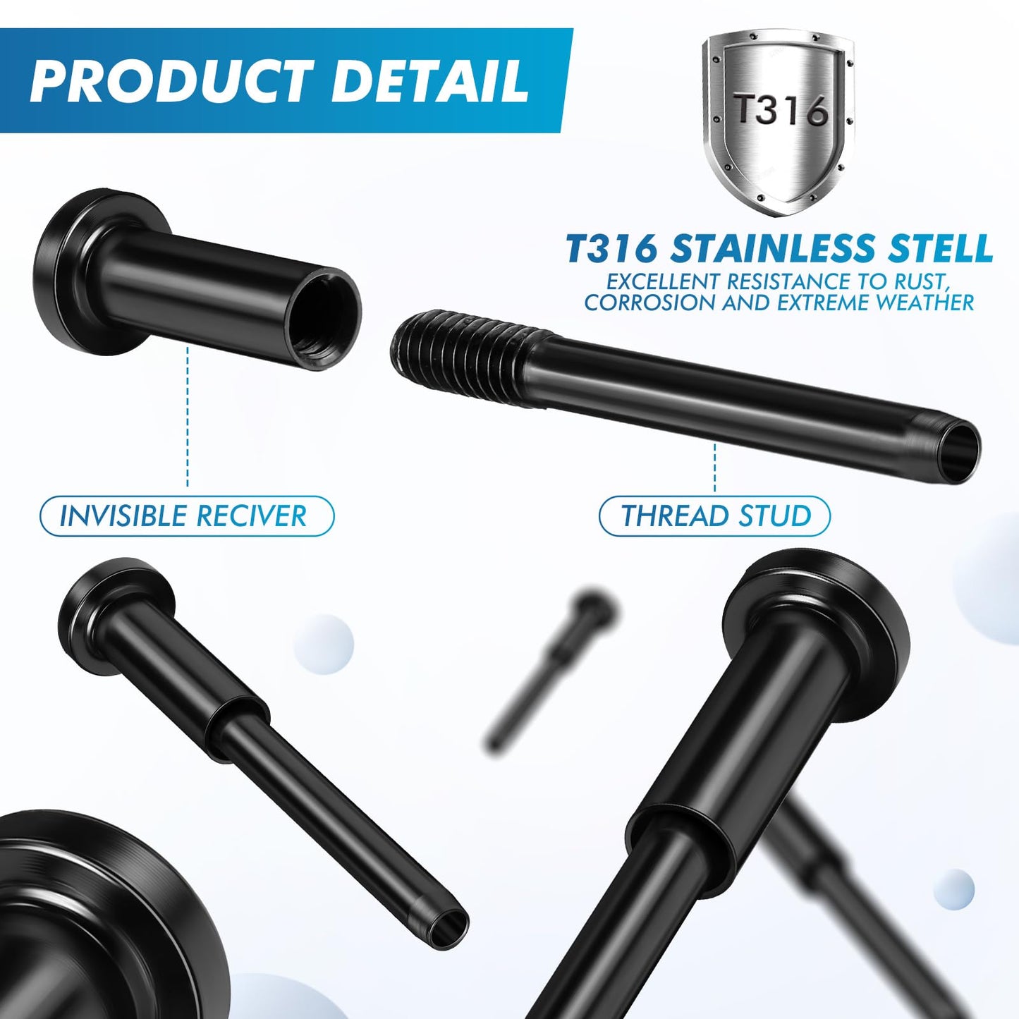 Blulu 100 Pack Invisible Cable Railing kit, T316 Stainless Steel 1/8" Invisible Receiver and Swage Stud End for Cable Railing, Swage Tensioner 1/8" for Wood/Metal Post, Cable Railing Hardware (Black)