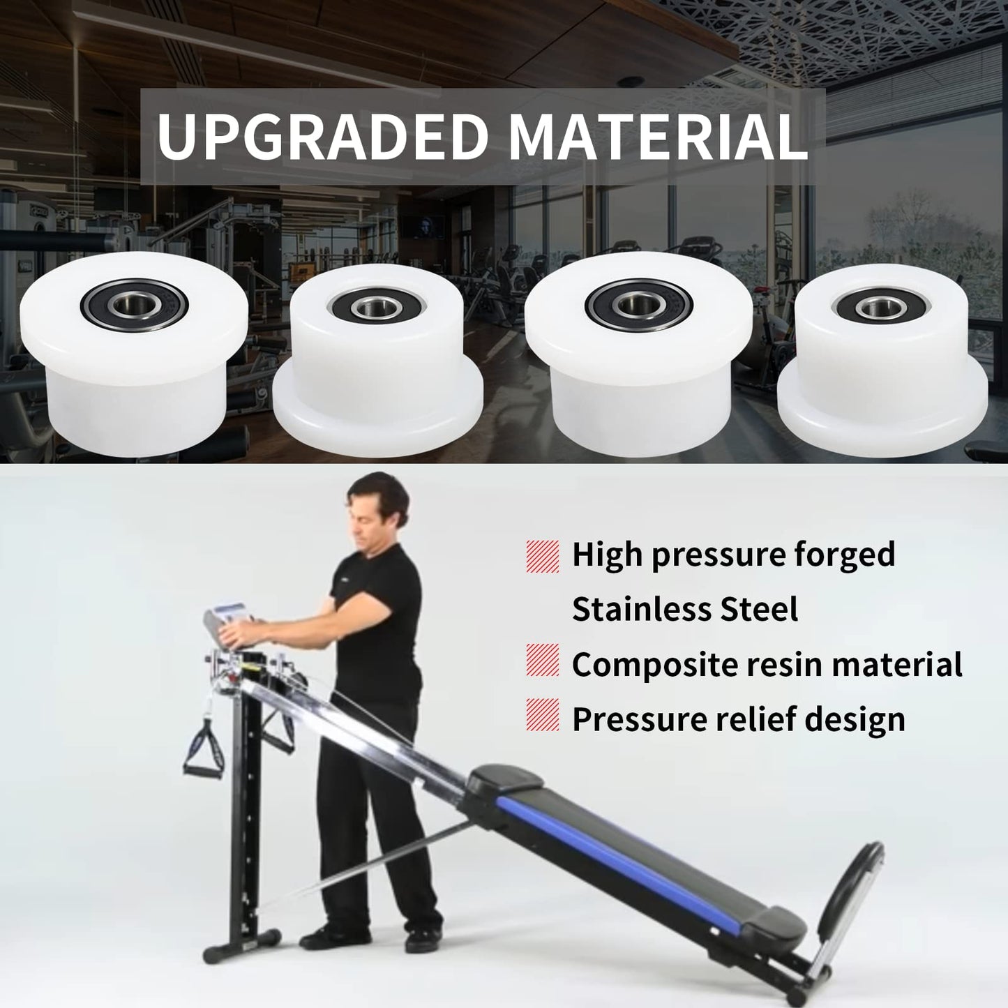 Qty.4 Machined Wheels/Rollers Compatible Total Gym Replacement, Fits Models 1000,1100,1400,1500,1600,1700,1800,1900,Achiever,Force,Gold,Max,Platinum,Platinum Plus,Pro,Supra, Supreme,Ultima,Ultra,XLI