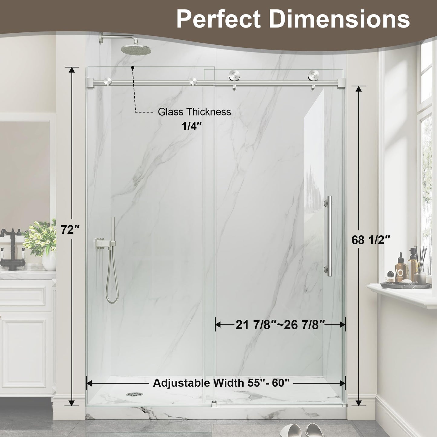 Frameless Glass Shower Door,55-60" W x 72" H Single Sliding Frameless Shower Door,1/4"(6mm) SGCC Tempered Glass,Safety Explosion-Proof Film Nano Coating,Brushed Nickel