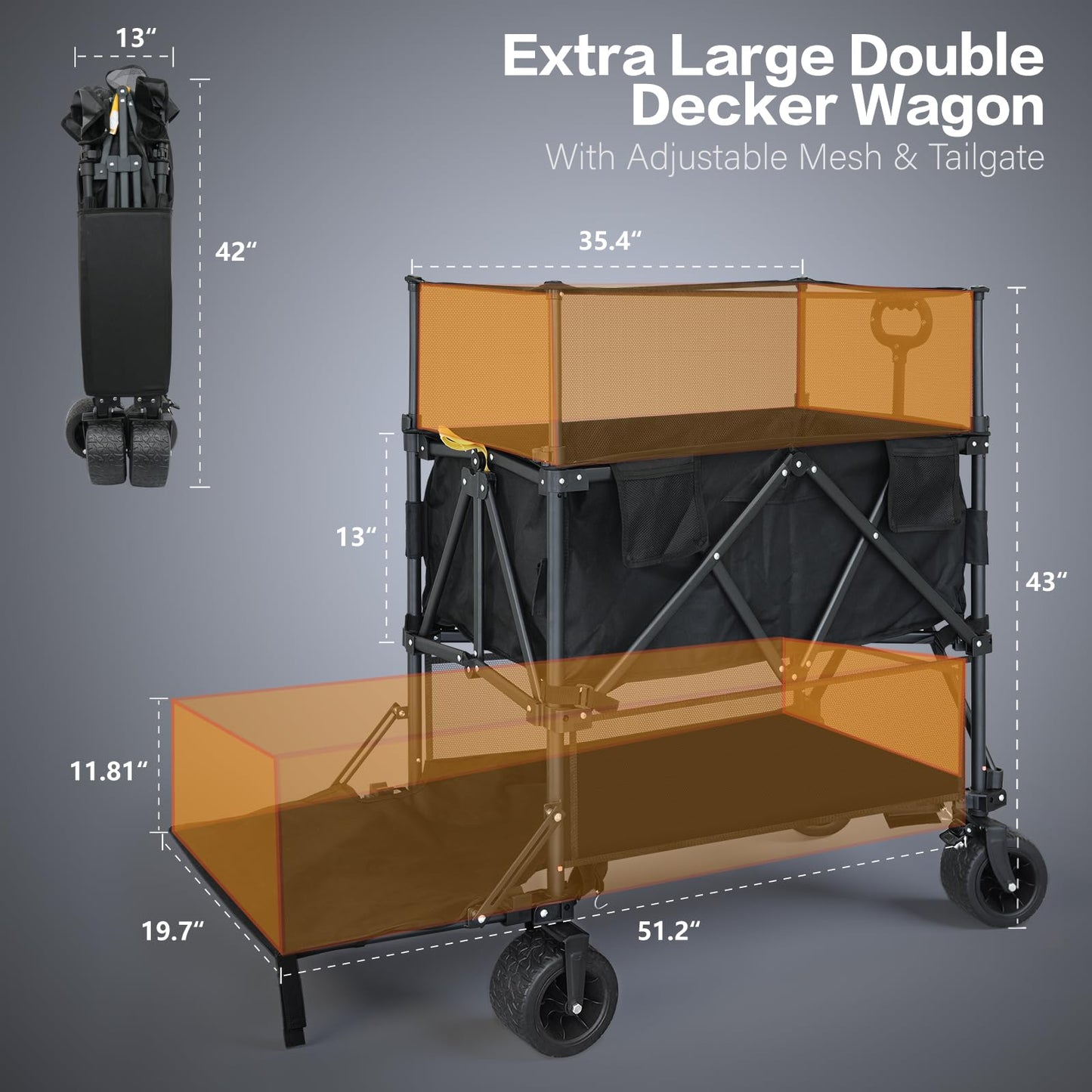 Double Decker Wagon with Retractable Mesh & Tailgate - 560Lbs Load Heavy Duty Foldable Collapsible Wagon Cart with Wheels for Camping, Beach, Groceries, Sports (Black)