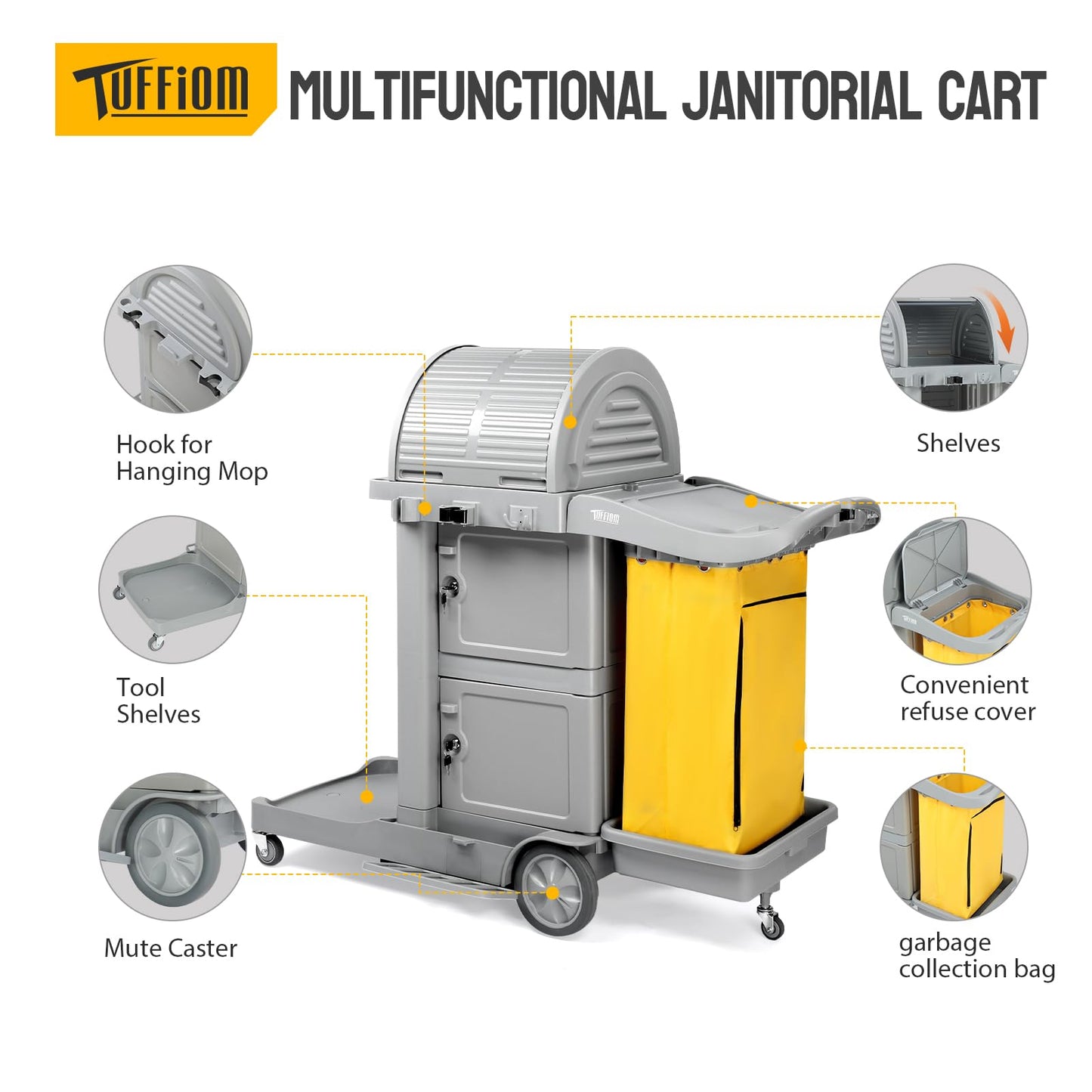 TUFFIOM Janitorial Cart on Wheels, 3 Shelf Commercial Cleaning Cart with Key Locking-Cabinet, Grey Housekeeping Cart with Locker and Cleaning Bag, for Hotel, Business, Office, Stadium Use