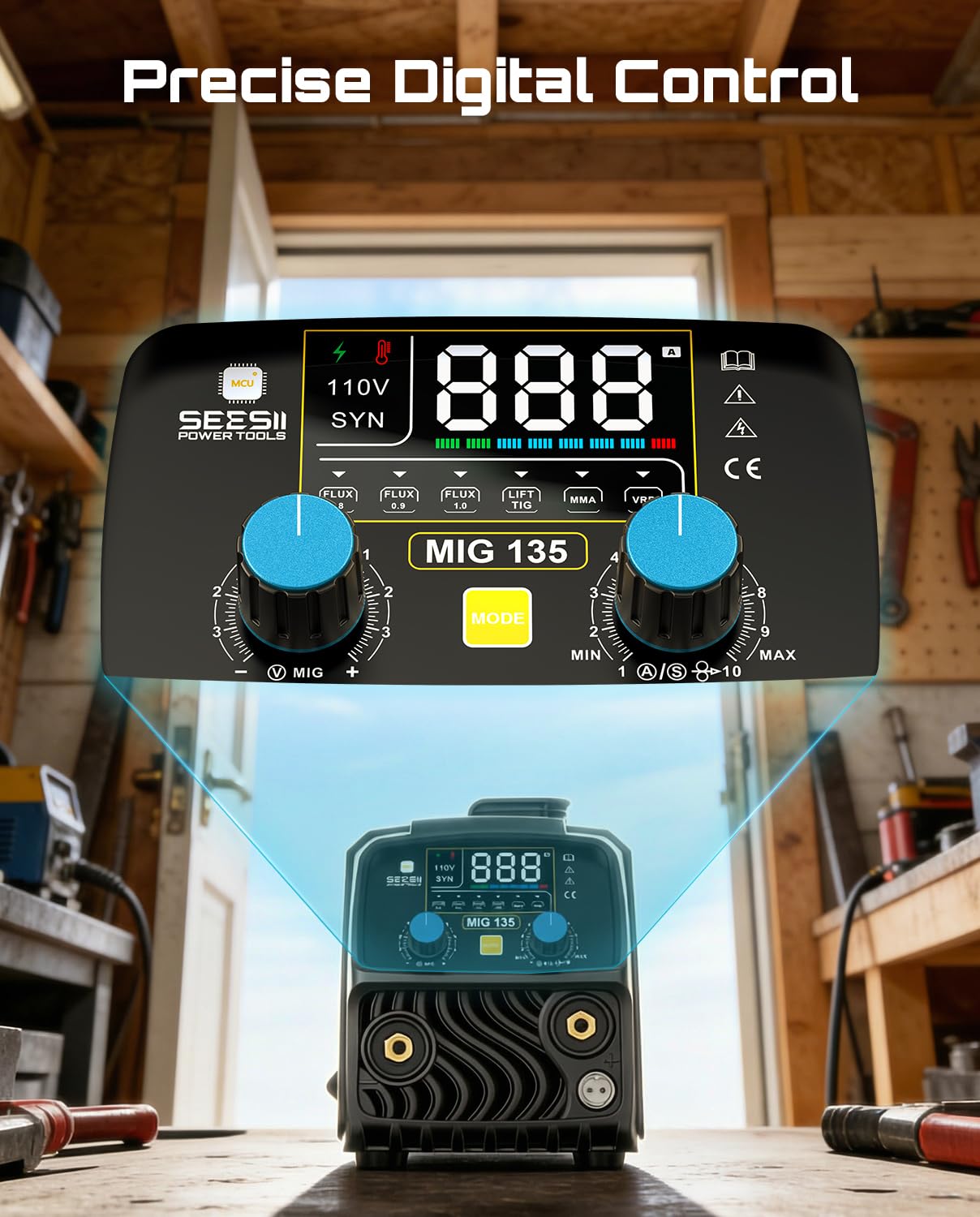 SEESII 135A MIG Welder 110V - 3-in-1 Gasless Flux Core/Lift TIG/Stick Welding Machine, 7.7lbs Portable IGBT Inverter, Large Digital Display Multi Process Welder