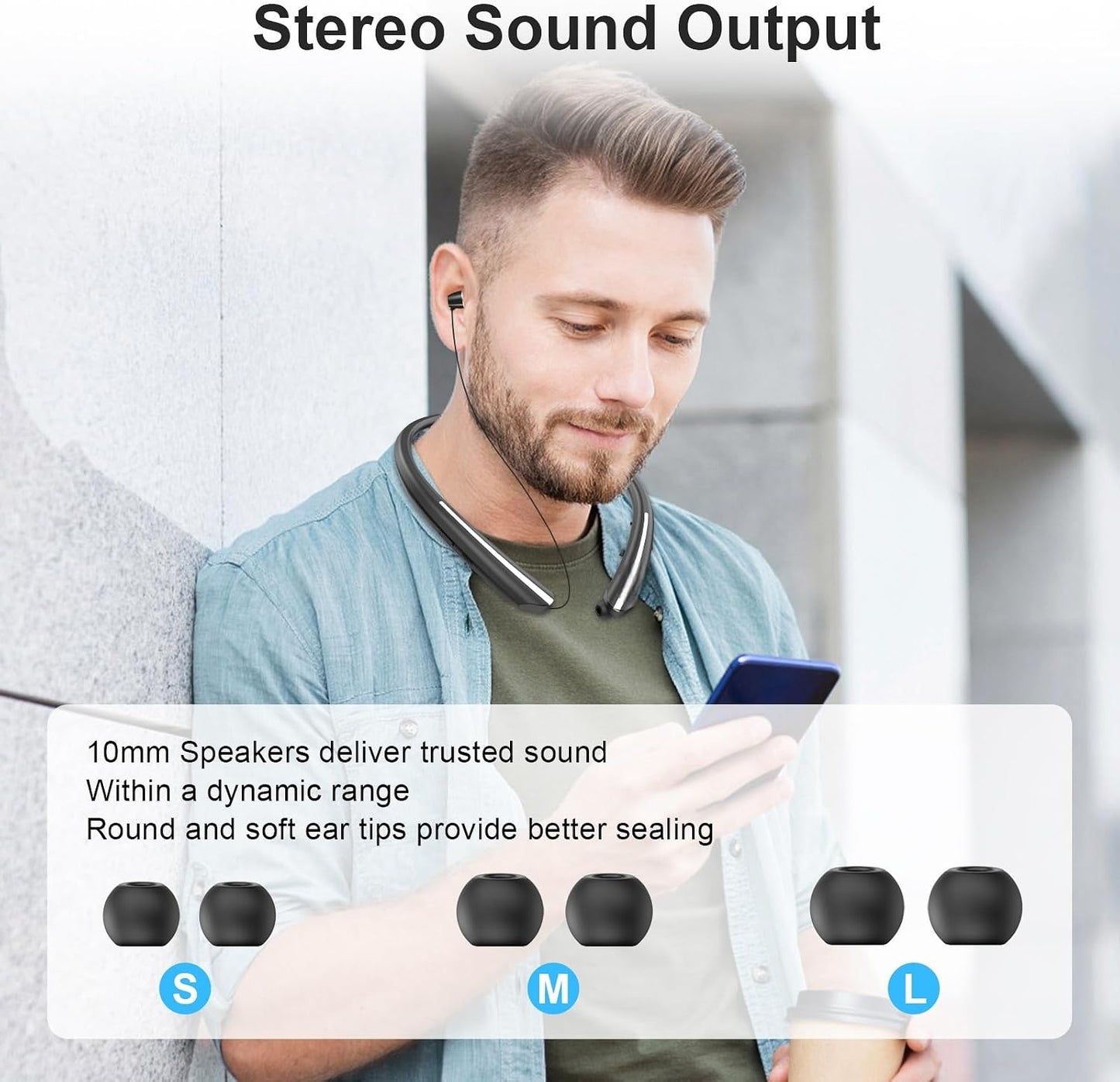 5.0 Bluetooth Neckband Bluetooth Headphone, Sweat Resistant Noise Cancelling Stereo Headphones, and Retractable Ear