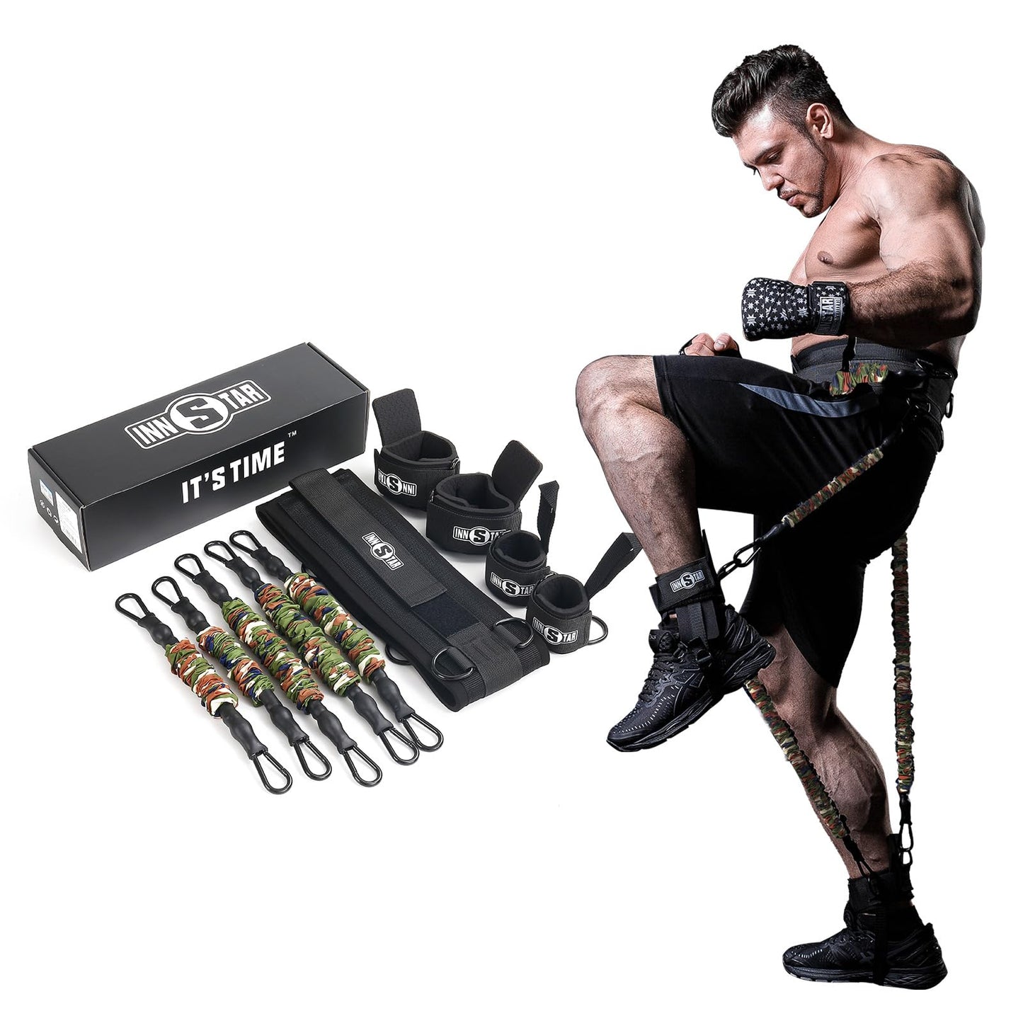 INNSTAR Vertical Jump Trainer for Volleyball Basketball Home Gym, Vertimax Jump Machine Resistance Bands, Easy to Carry, Adjustable Jump Training Equipment (Camouflage 225Lbs)