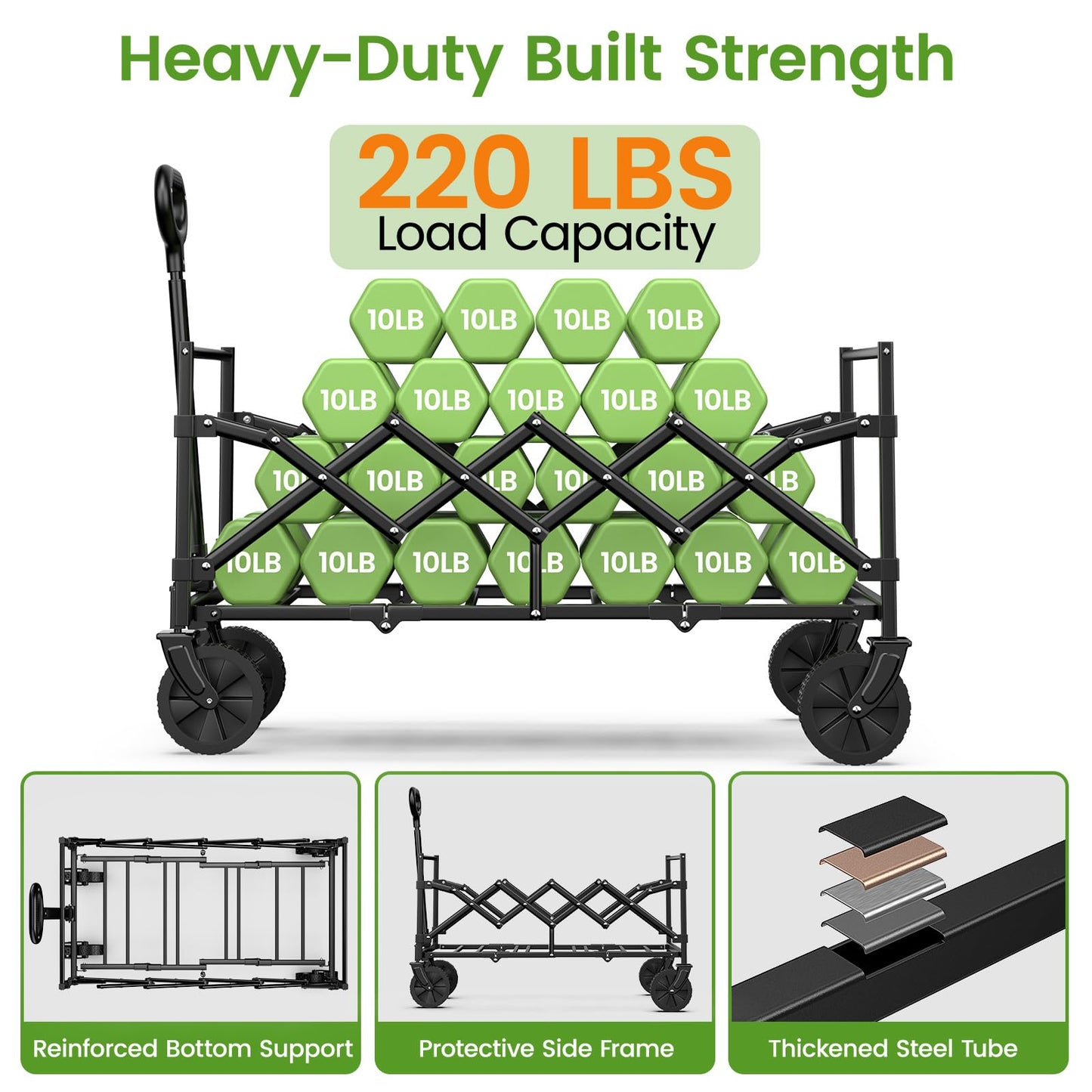 Blomoba 35'' Extra Long Collapsible Wagon with Adjustable Handle, Lightweight Folding Wagon with 360° Swivel Wheels, 220 LBS Portable Utility Cart for Garden, Sports, Grocery, Shopping, Camping, Black