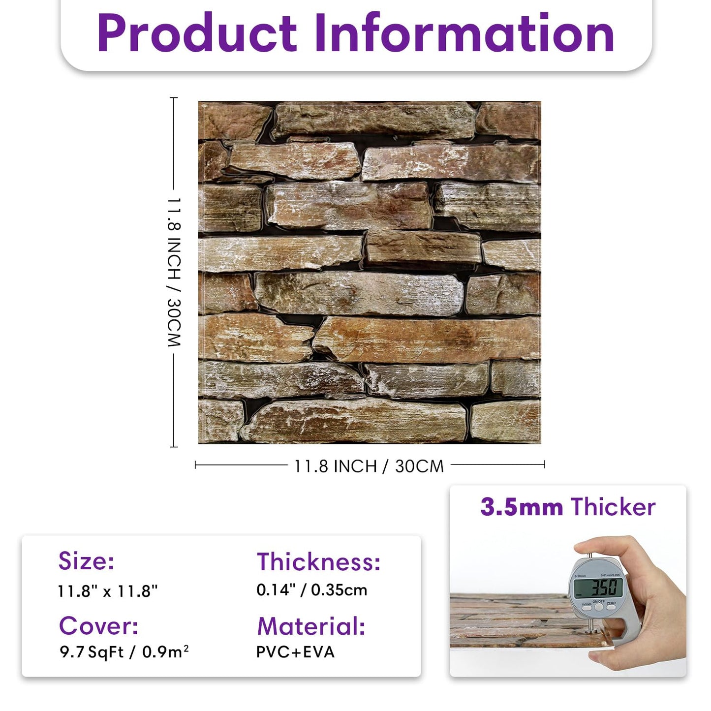 SMOOSTIKC 3D Faux Stone Wall Panels Peel and Stick, 10 Pcs 11.8" x 11.8", Stone-Look Textured Wall Sticker, Ultra-Light Thin PVC Fake Stone Wall Covering Tiles for Quick DIY, Brown with Green
