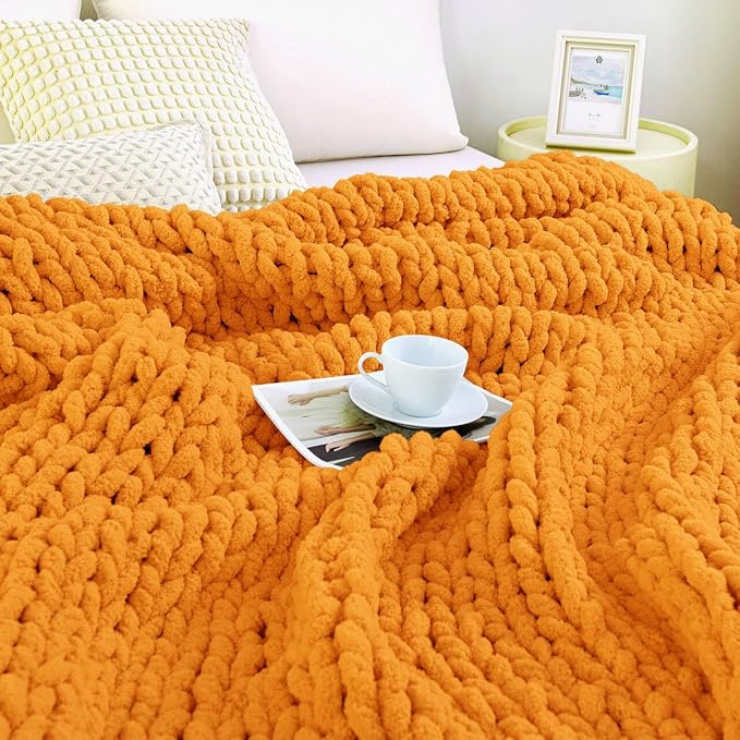 Admitrack Chunky Knit Blanket Throw, 100% Hand Knit Chenille Throw Blanket for Sofa & Home Decor, Soft and Cozy Knitted Throw Blankets (Orange, 51"x63")