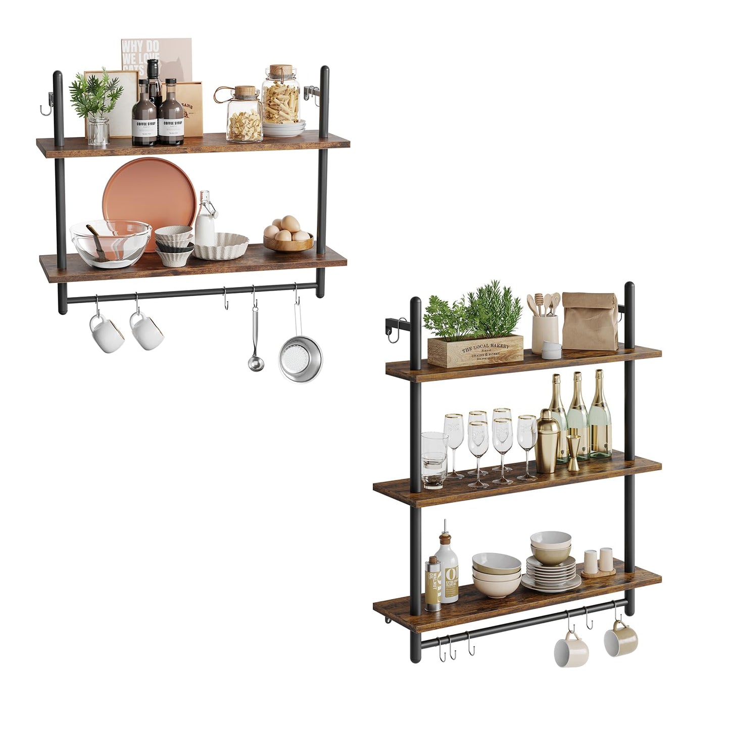 Bestier Floating Pipe Shelving Kitchen Shelves, 31" Wall Mounted Shelf 2 Tier & 3 Tier Bundle, Rustic Brown