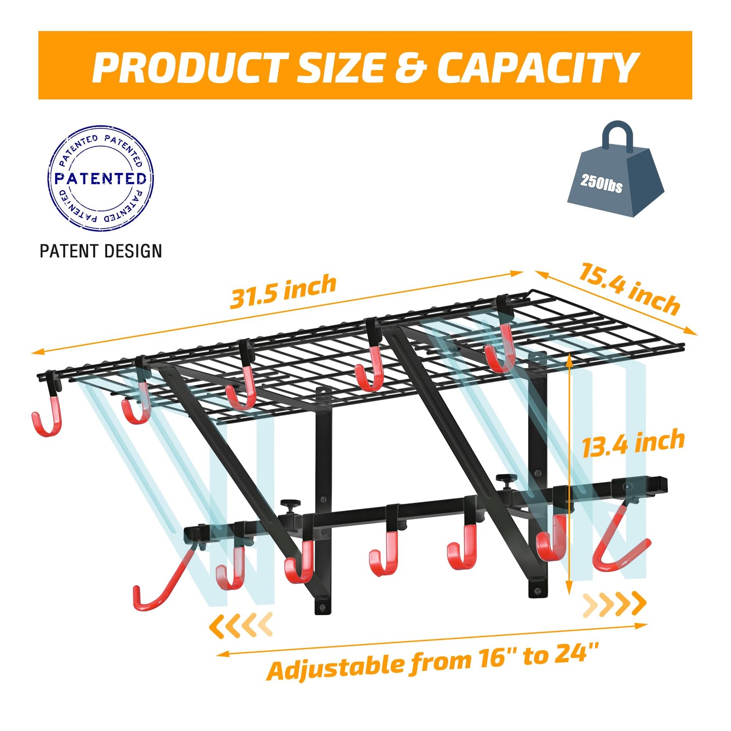 PLKOW Garage Wall Shelving 4-Pack Includes Bike Hooks, Sturdy Adjustable Garage Shelving Wall Mount Wall Organizer (Black, 4-Pack)