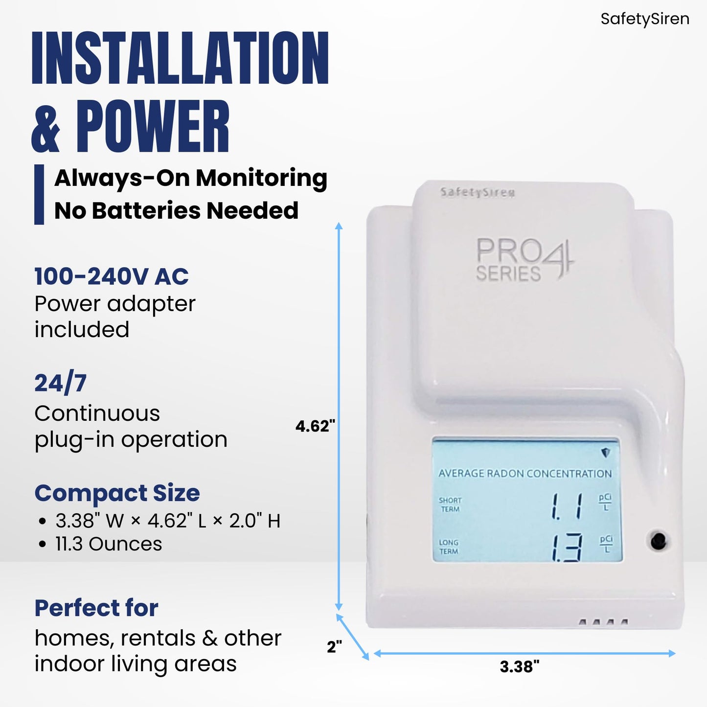 Safety Siren Pro4 Home Radon Gas Detector, Continuous Monitoring for Indoor Use with LED Indicators and Long-Term Radon Tracking, Real-Time Alerts, Digital Display and Alarm Function - 2 Pack
