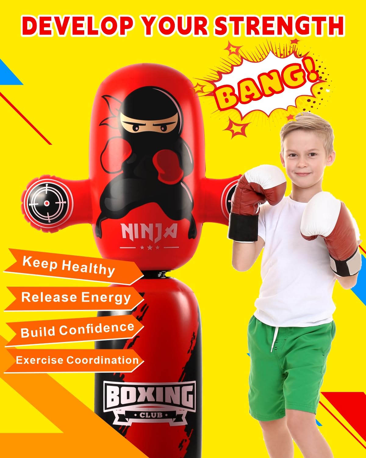 VCOLAN Punching Bag for Kids,63inch Kid Punching Bag,New Upgraded 360°Rotating Inflatable Boxing Bag Ninja Toy Christmas Birthday Gift for Boys Age 3-12