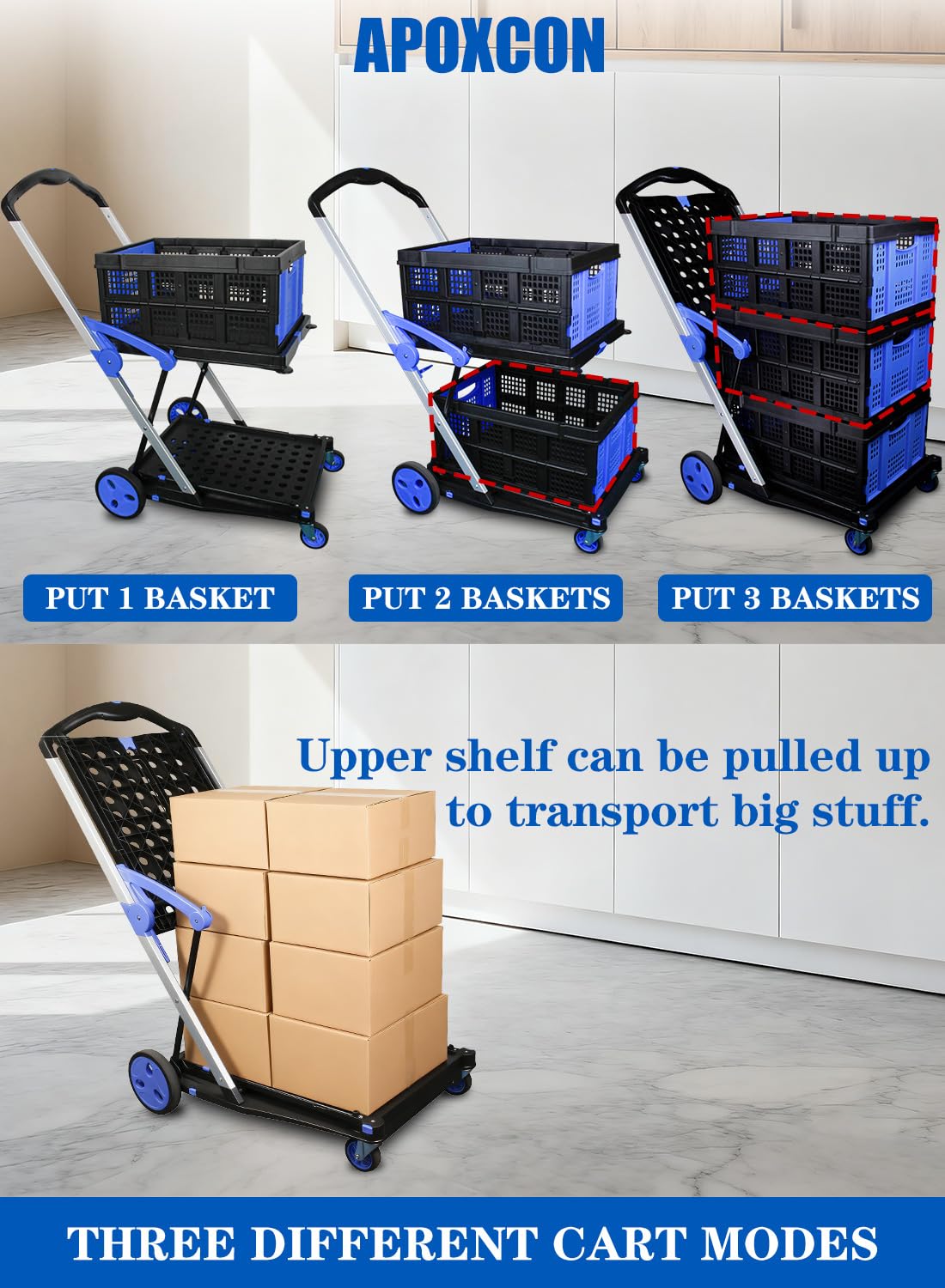 APOXCON Shopping Cart with 2 Storage Crates, Multi Use Two Tier Collapsible Cart with 360° Rolling Swivel Wheels Heavy Duty Folding Trolley for Shopping, Picnic and Office