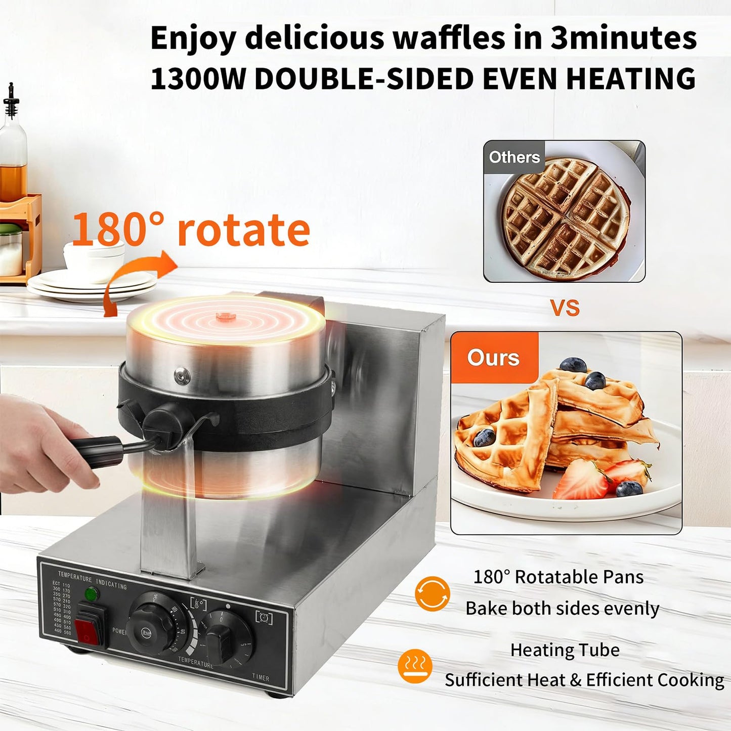Commercial Waffle Maker 1300W Non-Stick Waffle Iron Rotatable 180° Waffle Baker Machine With Temp and Time Control for Bakery Snack Bar Family