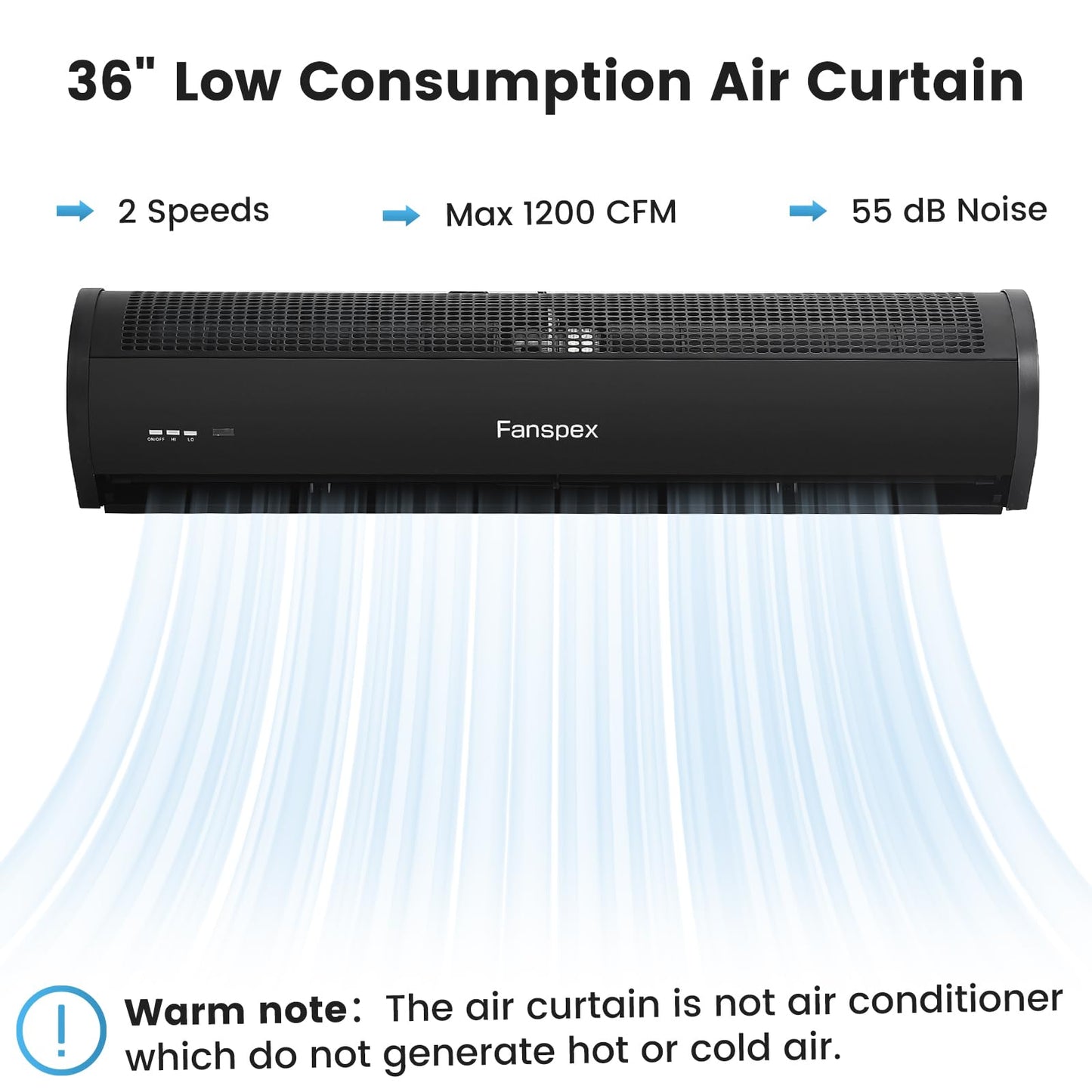 Fanspex 36" Wall Mounted Air Curtain, 2-Speed Commercial Over Door Fan for Home Garage Shop Restaurant, 120W Low Consumption with Magnetic Door Switch (Black)