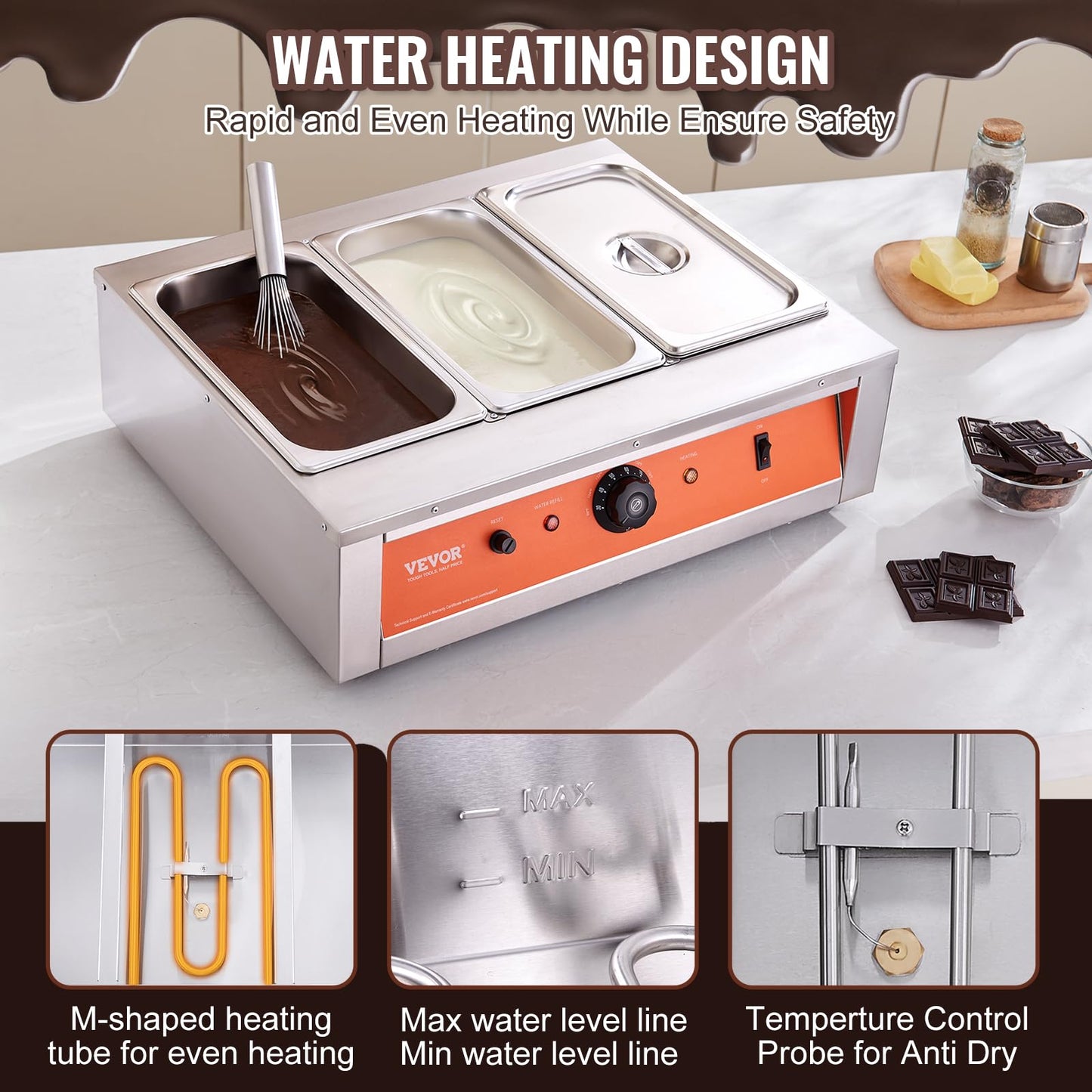 VEVOR Chocolate Tempering Machine, 26.5 Lbs 3 Tanks Chocolate Melting Pot Temp Control 86~185℉, 1500W Stainless Steel Electric Commercial Food Warmer for Chocolate/Milk/Cream Melting and Heating