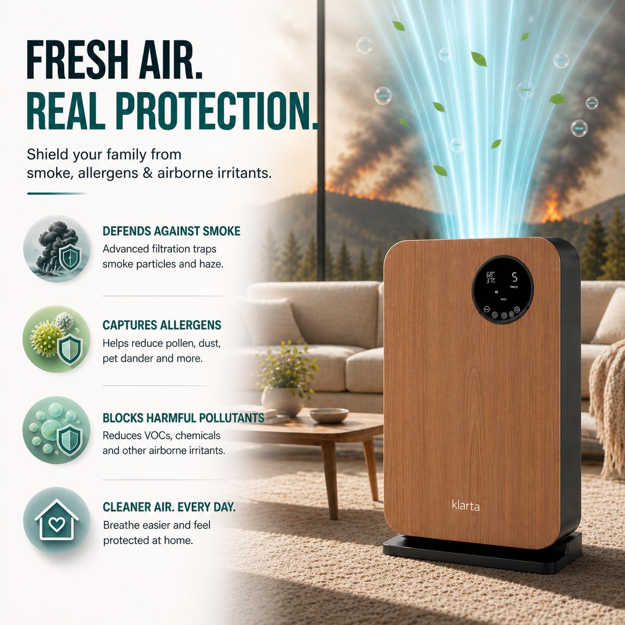 Klarta Air Purifier for Home - HEPA Smart WiFi App - Ultra Quiet 20 dB - Removes Allergens, Smoke & Odors - 99.97% Particle Filtration - Up to 1237 ft² - Klarta Forste Wood Black
