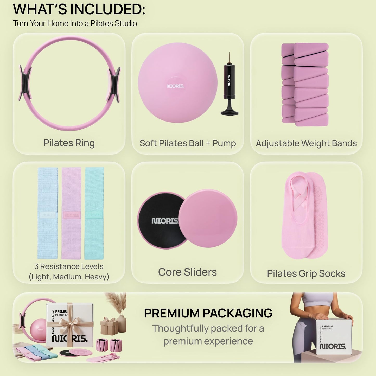 Nioris Essential Pilates Equipment Kit – Complete Home Workout Set with Pilates Ring, Pilates Ball, Resistance Bands, Ankle Weights, Sliding Discs & Grip Socks – Guided Full Body Workout Video