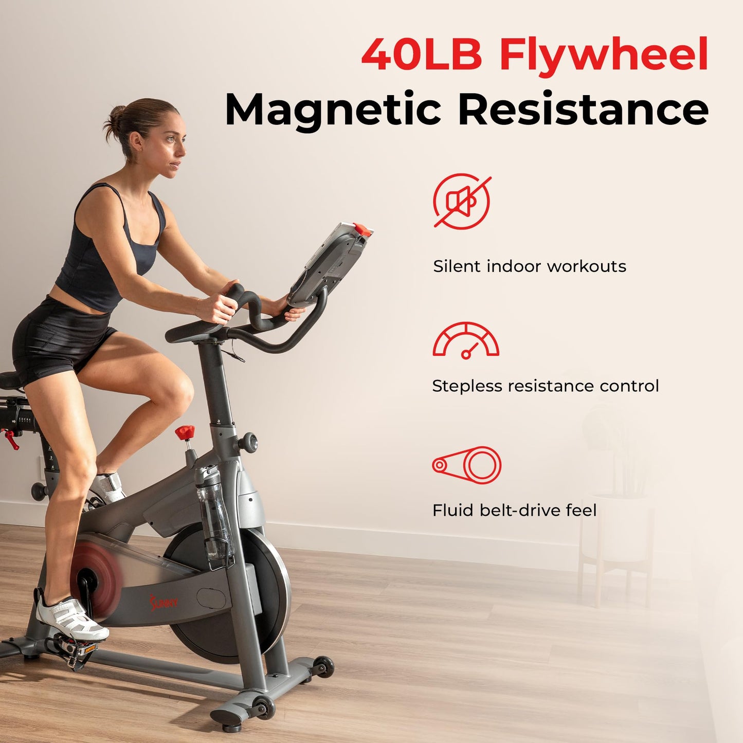 Sunny Health & Fitness Excel 500 Smart Indoor Cycling Bike, 40LB Flywheel Stationary Cardio Exercise Equipement, Free SunnyFit App Connection- SF-B124069