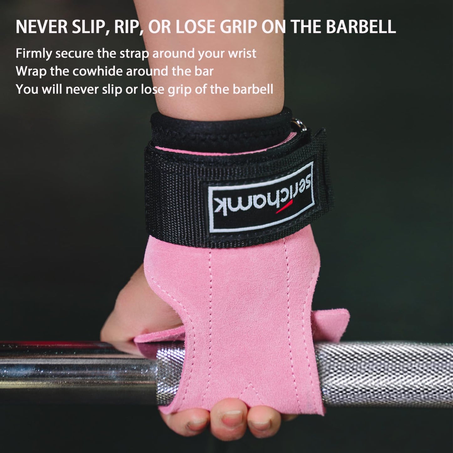 Serichamk Wrist Straps for Weightlifting with Wrist Wraps,Leather Weight Lifting Wrist Wraps Grip Assistance Deadlift Straps Workout Gym Straps for Men and Women Pink