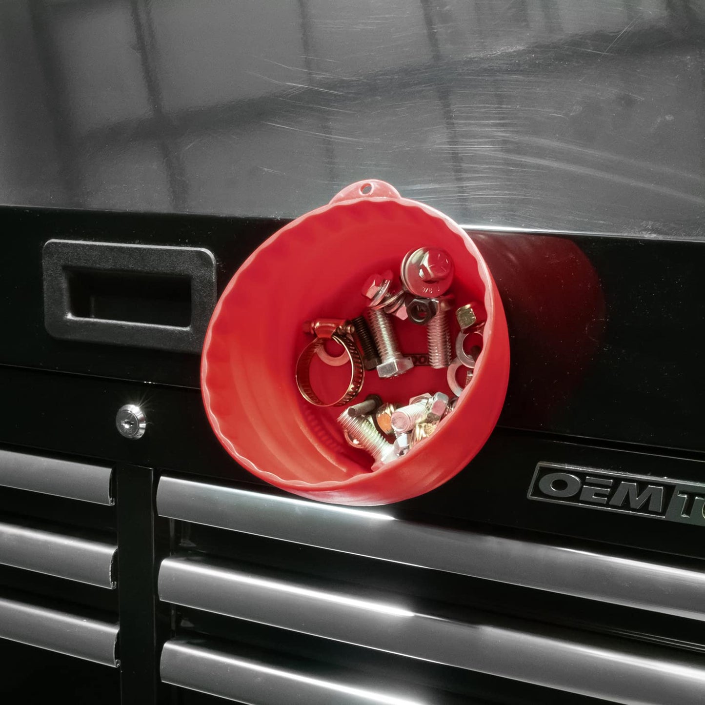 OEMTOOLS 25333 Red Magnetic Nut Cup, Curved Magnetic Parts Tray Holds Up to 5 Pounds, Attaches To Metal Surfaces, Multi-Use Nuts And Bolts Organizer Made From Durable ABS Plastic