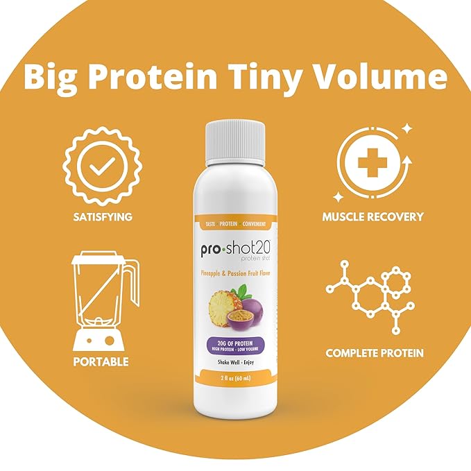 Pro-Shot20 Protein Shot Pineapple & Passion Fruit Flavor, 60 mL, 12-Pack- 20g Whey Protein & Hydrolyzed Collagen Drink- Low Calorie, Low Carb, Gluten Free, No Aspartame, Ready to Drink