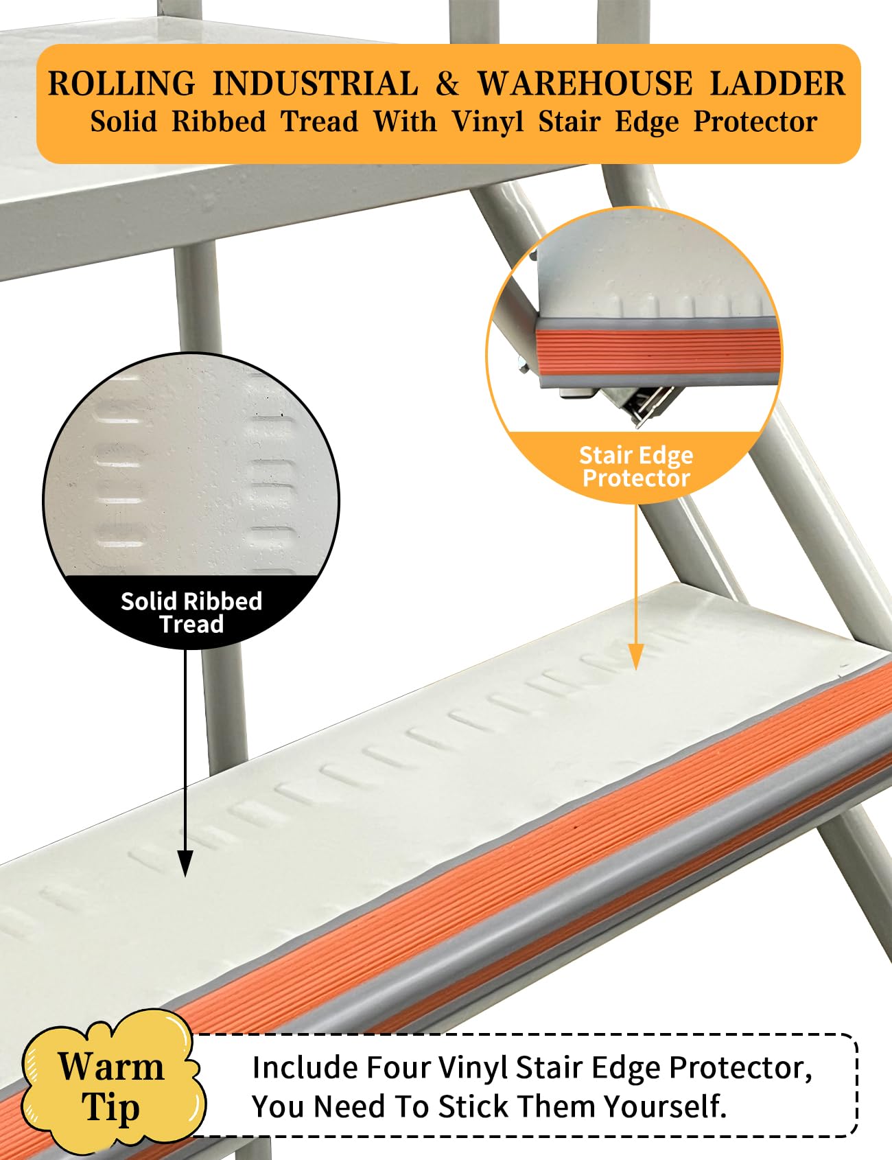 4 Steps Ladder with Wheels, Industrial & Warehouse Step Ladder, Rolling Steps Ladder with Vinyl Stair Edge Protector, 23.6IN Wide, 39.4IN top Step Height, 445LBs Capacity.