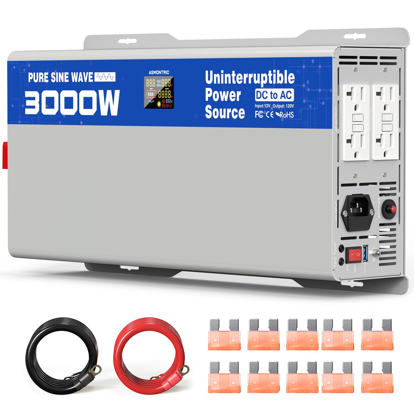 ASMONTRIC 3000W Sump Pump Battery Backup System, Back Up System Pure Sine Wave Power Inverter for Emergency and Power Outage with LCD Display Auto Switching for Grid and Battery