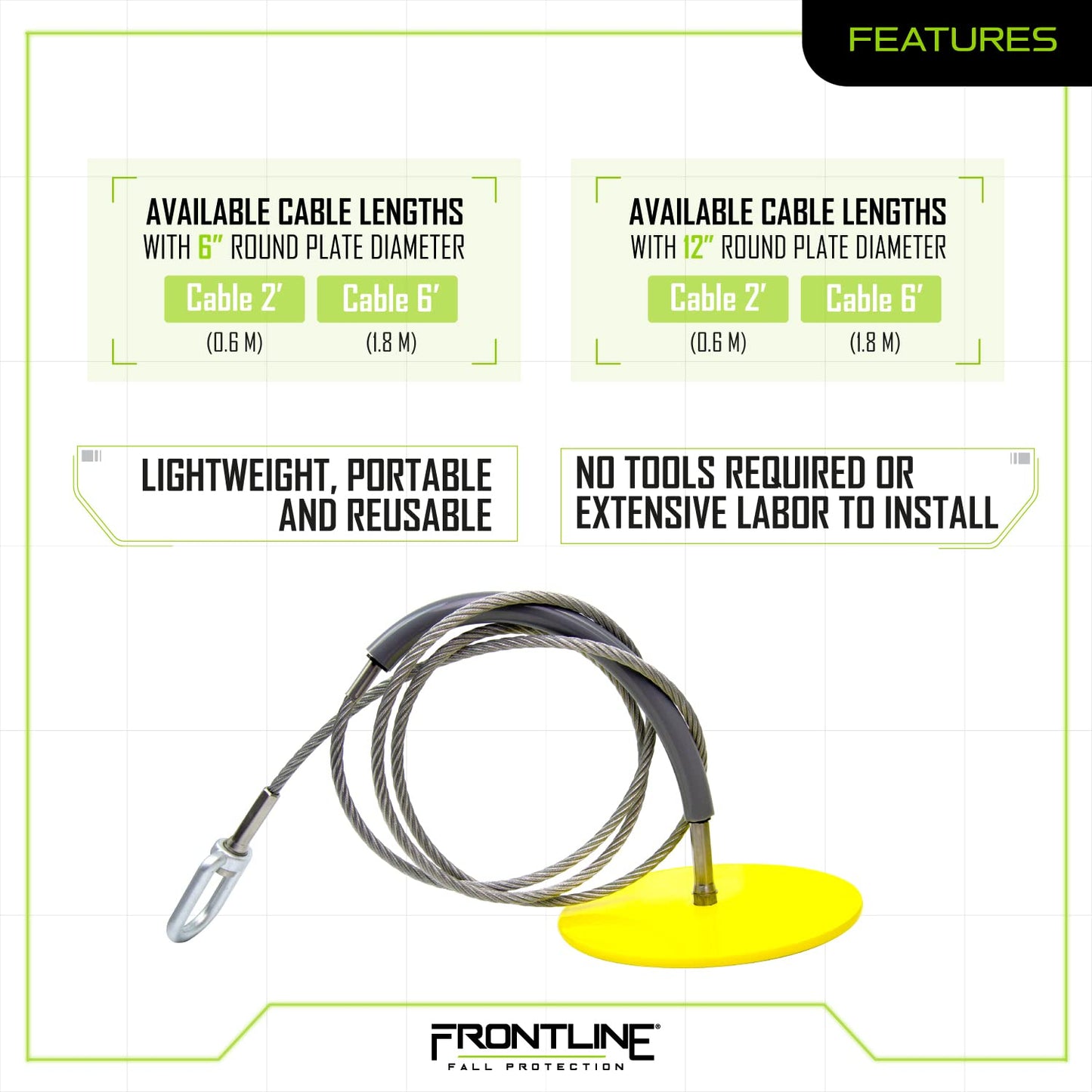 Frontline Fall Protection DT602 Drop Thru Anchor 6" Round Plate with 2' Cable | OSHA & ANSI Compliant | Removable and Reusable Anchor Point | Over Head Applications