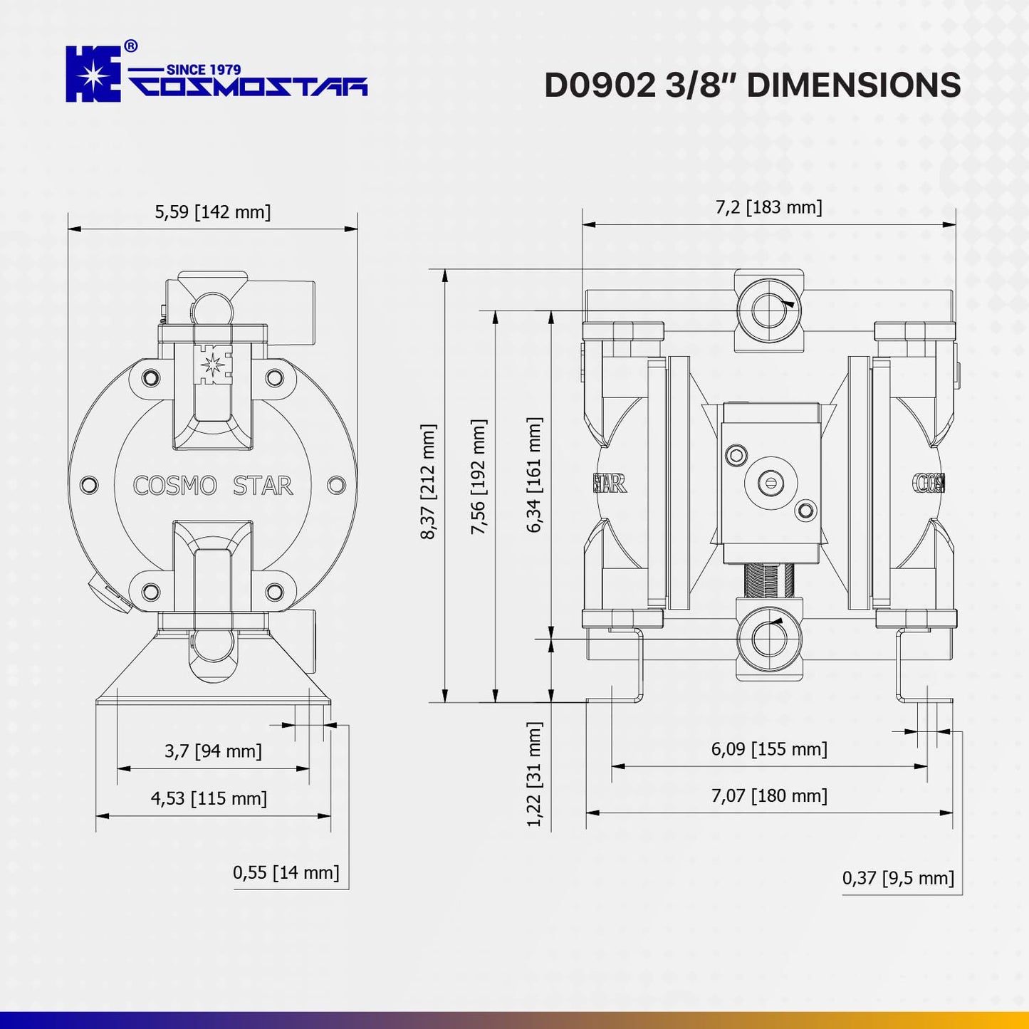 COSMOSTAR D0902 3/8" Double Air Diaphragm Pump, Aluminum Body, Teflon Ball, seat and Diaphragm, Pump Muffler, Pump, Chemical Pump, Waste Oil Pump, Pneumatic Oil Pump, Diaphragm Pumps