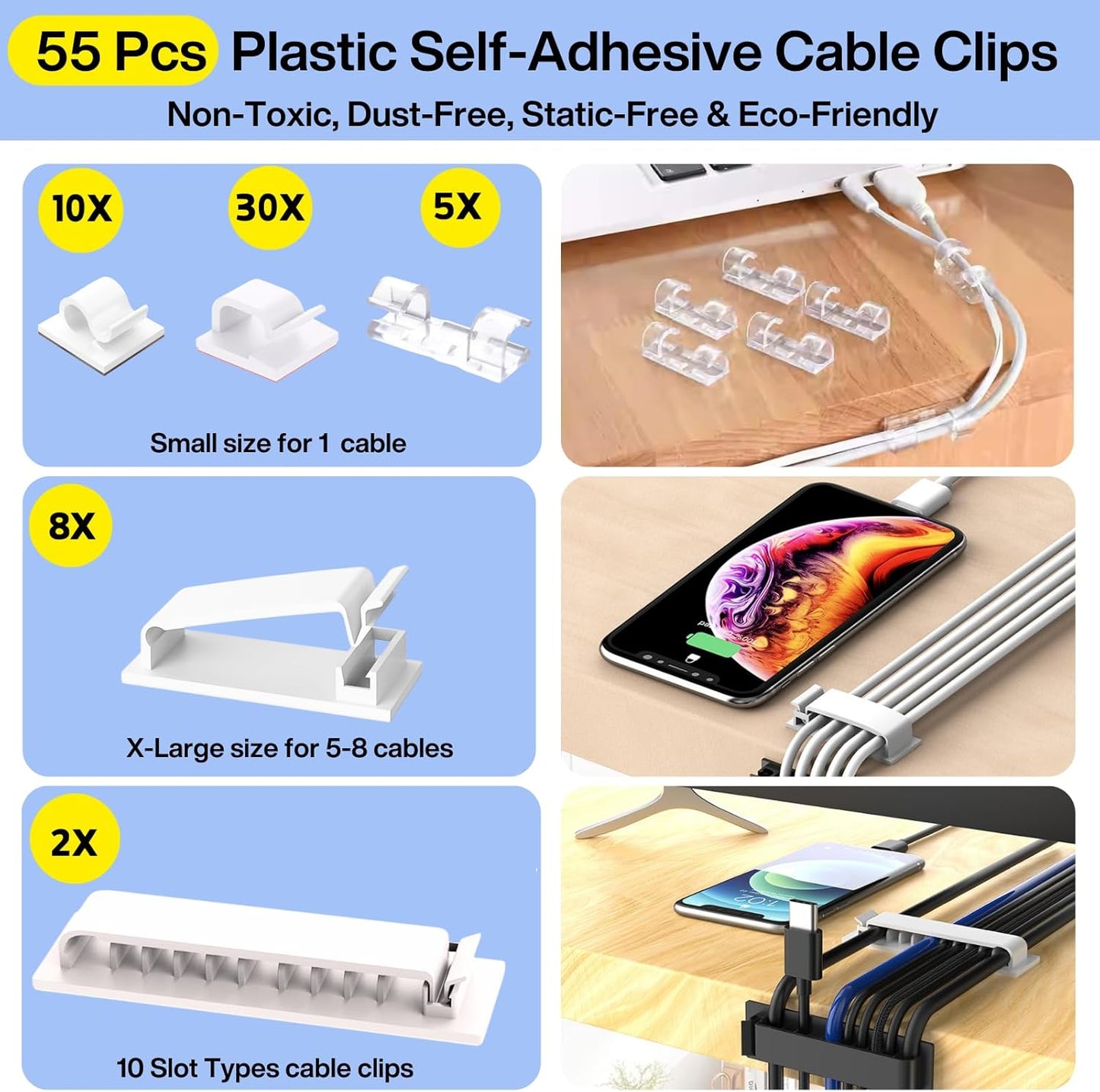 Topavatop [313Pcs] 67 22 4 200 20 Cable Management Kit, Adhesive Cable Clips, Desk Cord Organizer, Reusable Cable